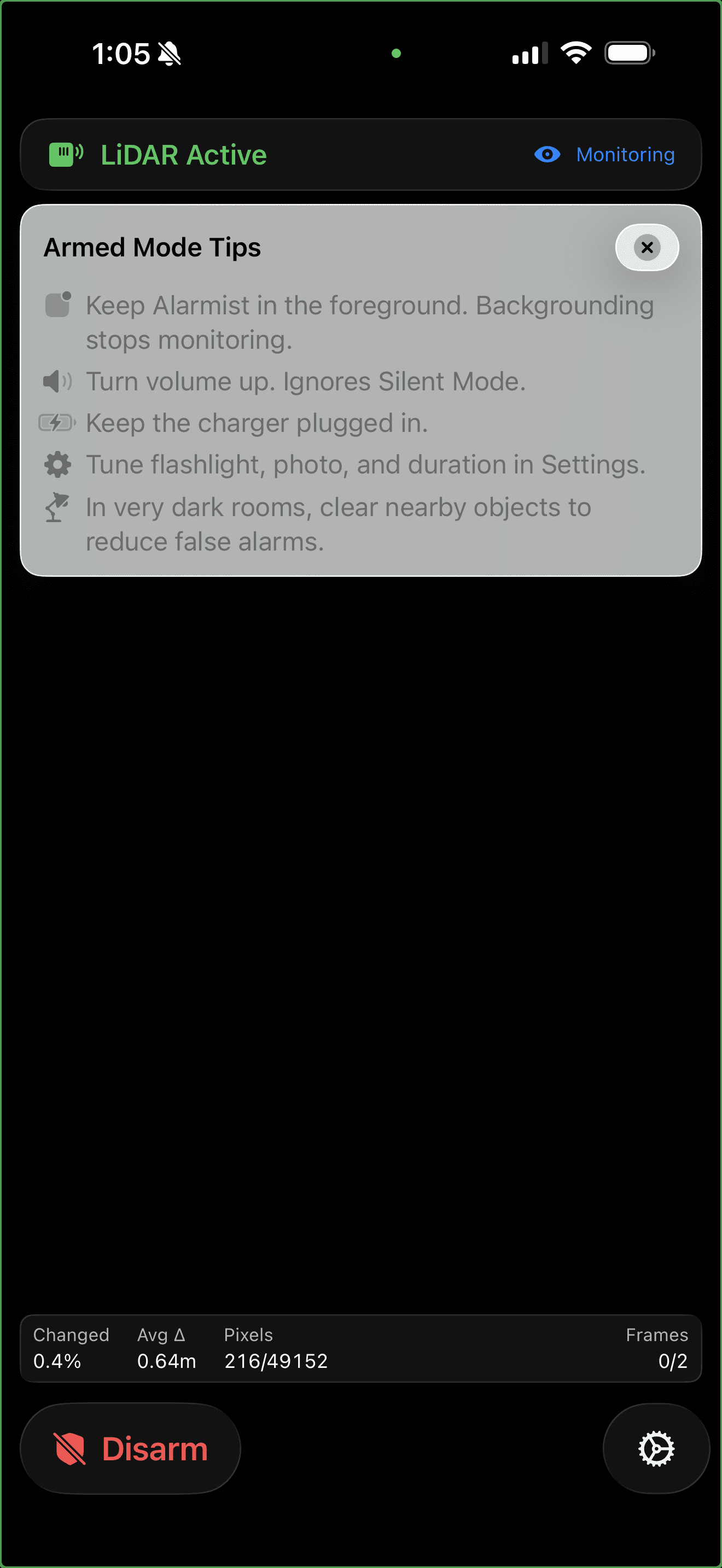 Armed mode with dark screen and monitoring status