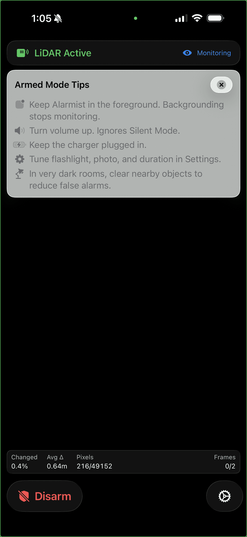 Alarmist armed and monitoring in darkness