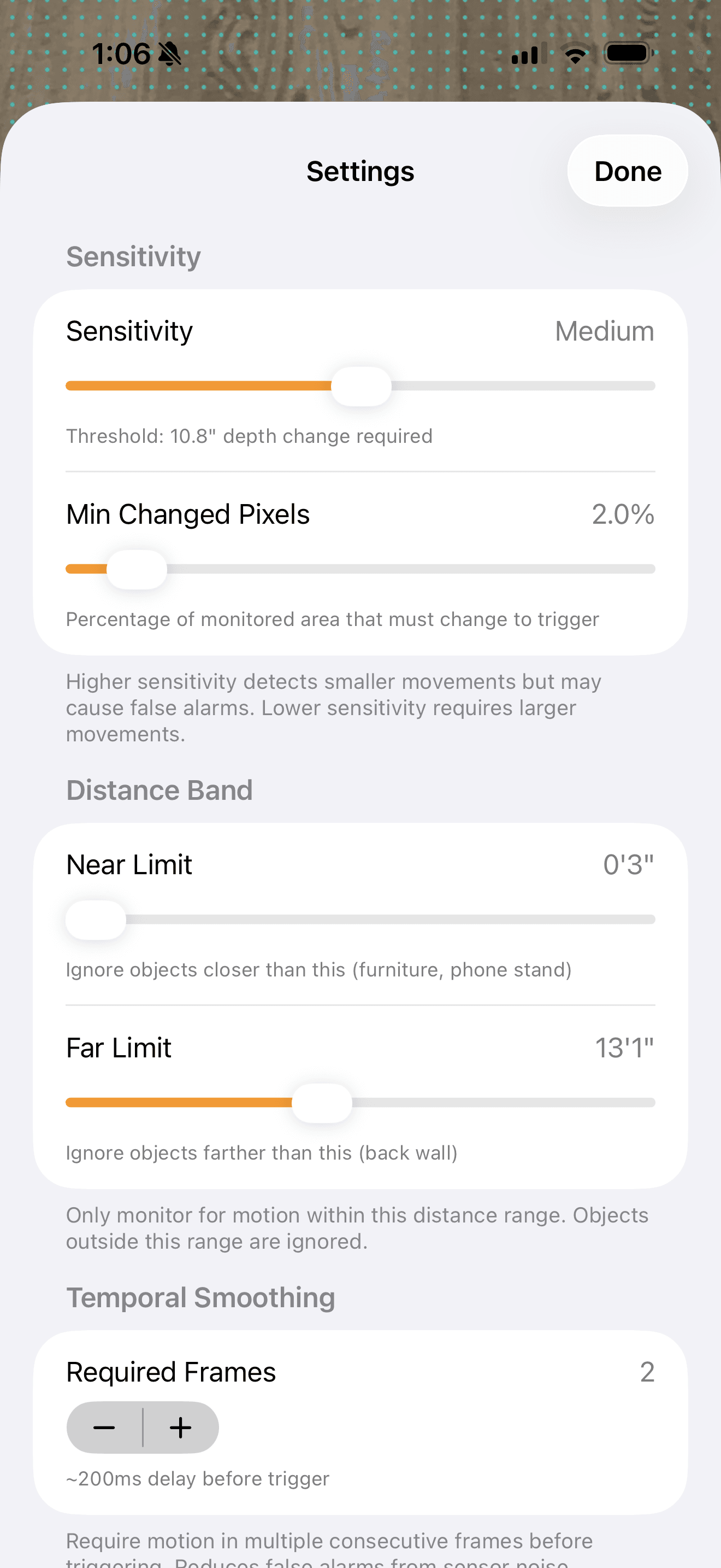 Settings panel with sensitivity and distance controls