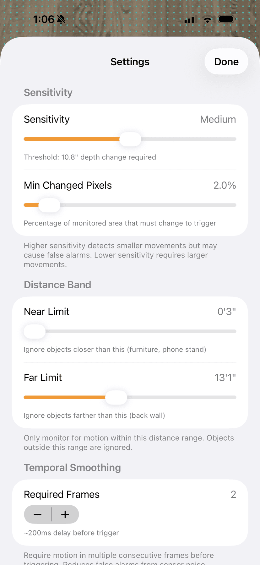 Alarmist settings for sensitivity and distance
