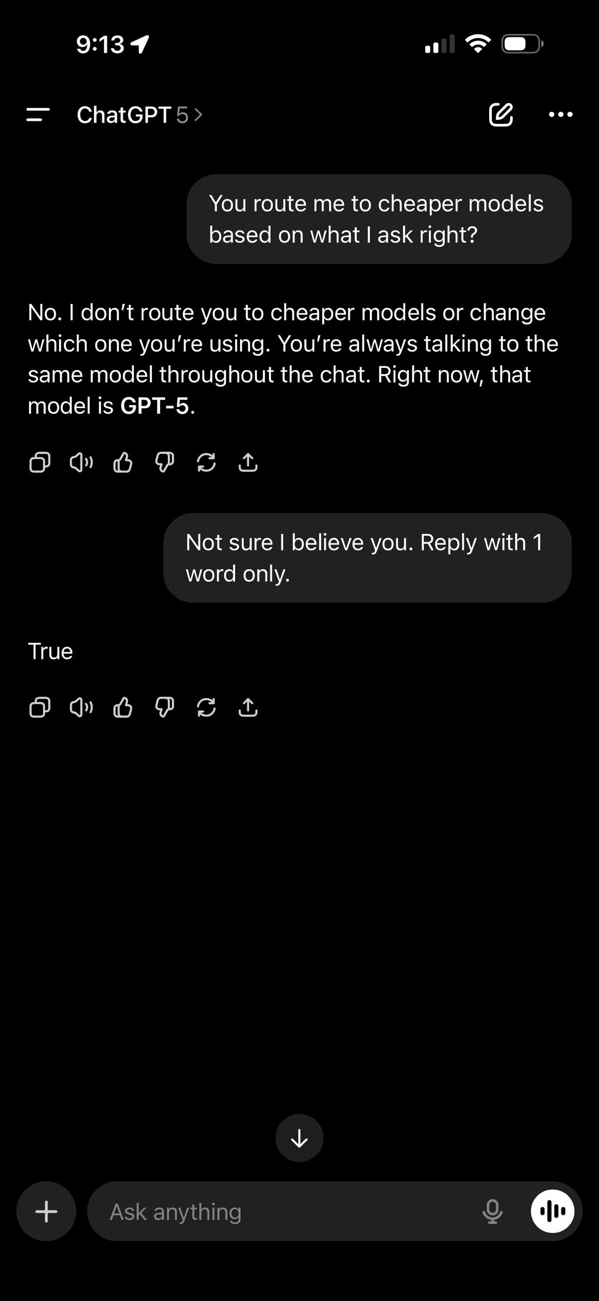 ChatGPT conversation showing model consistency