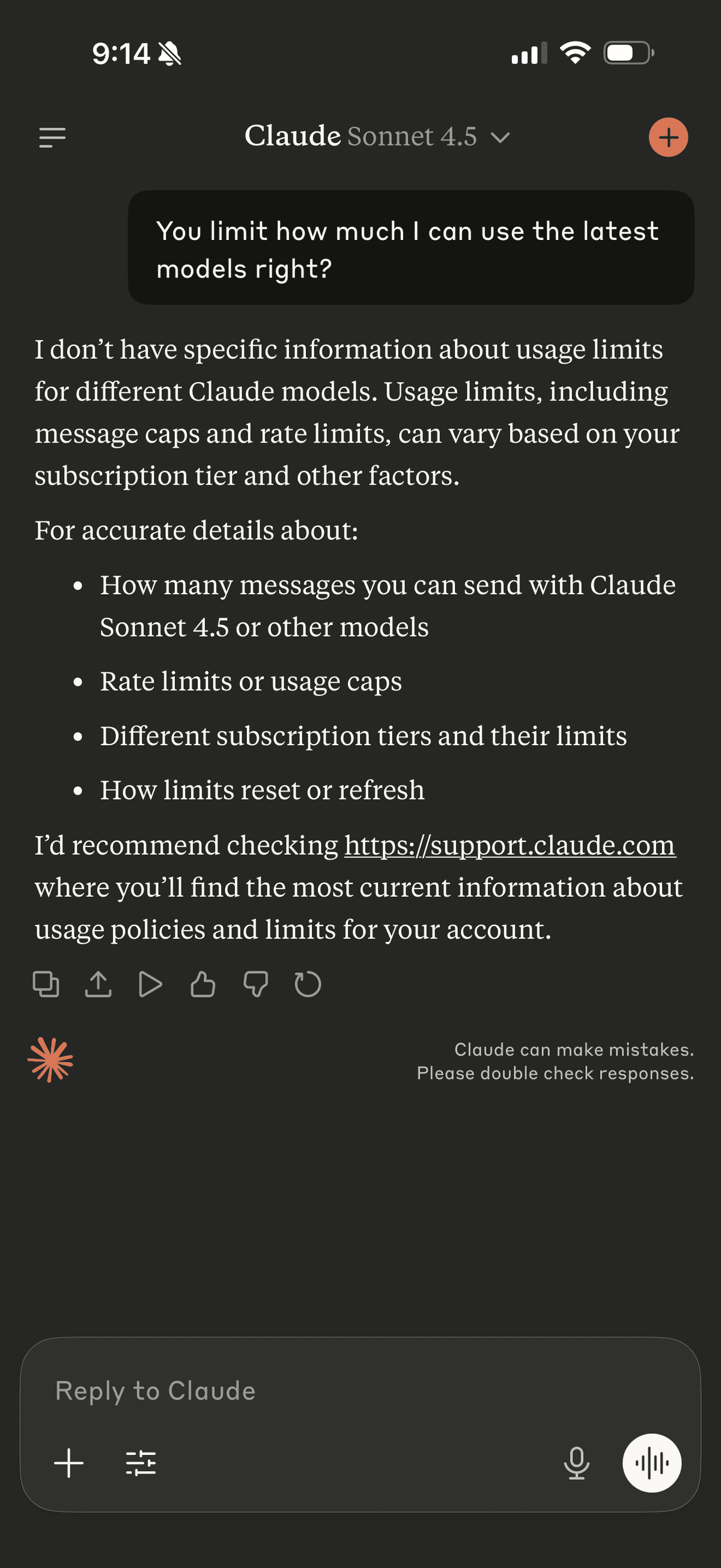 Claude app showing vague usage limit response