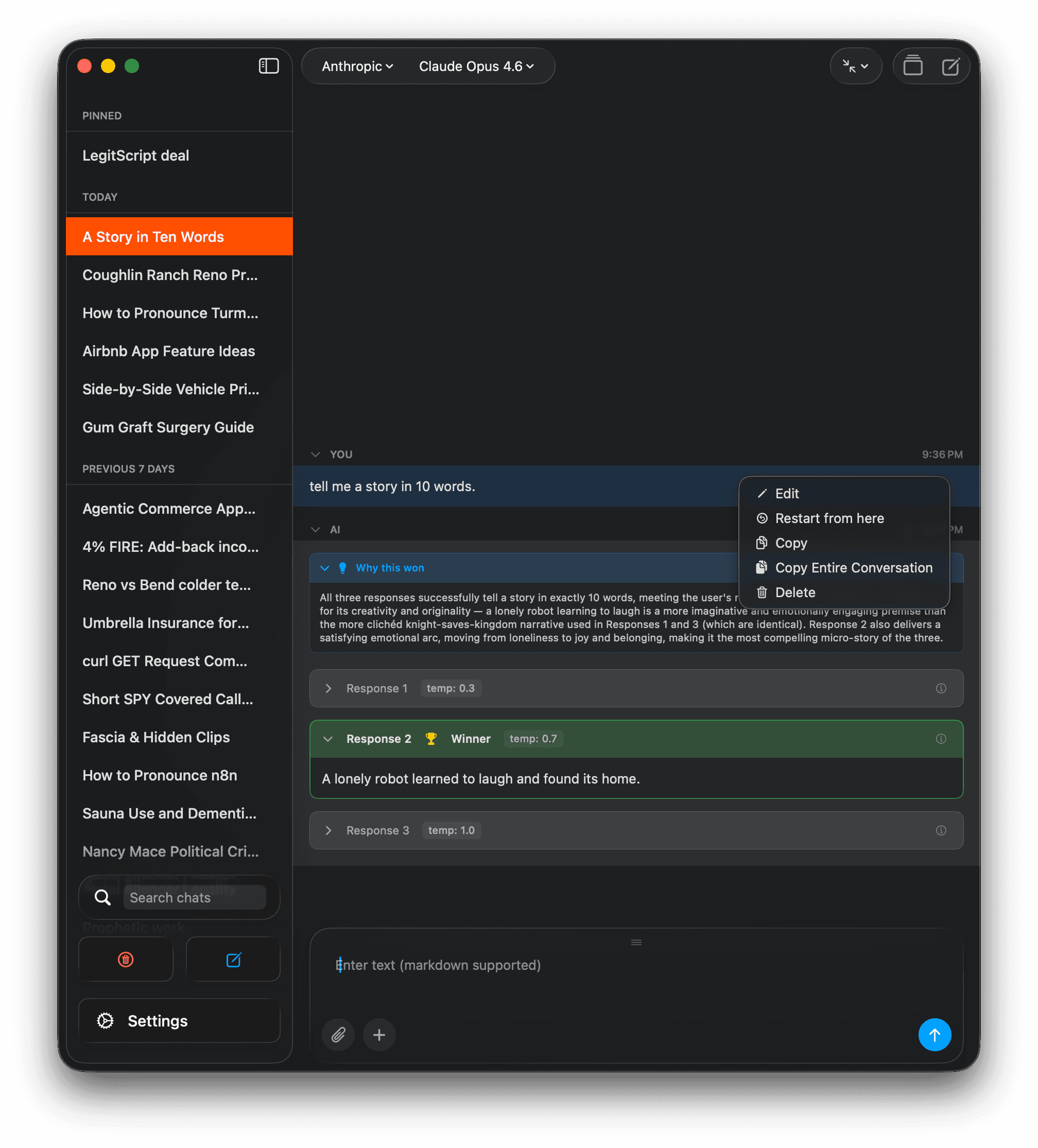 Cumbersome on macOS showing AI model comparison with Restart from here and Face/Off Mode