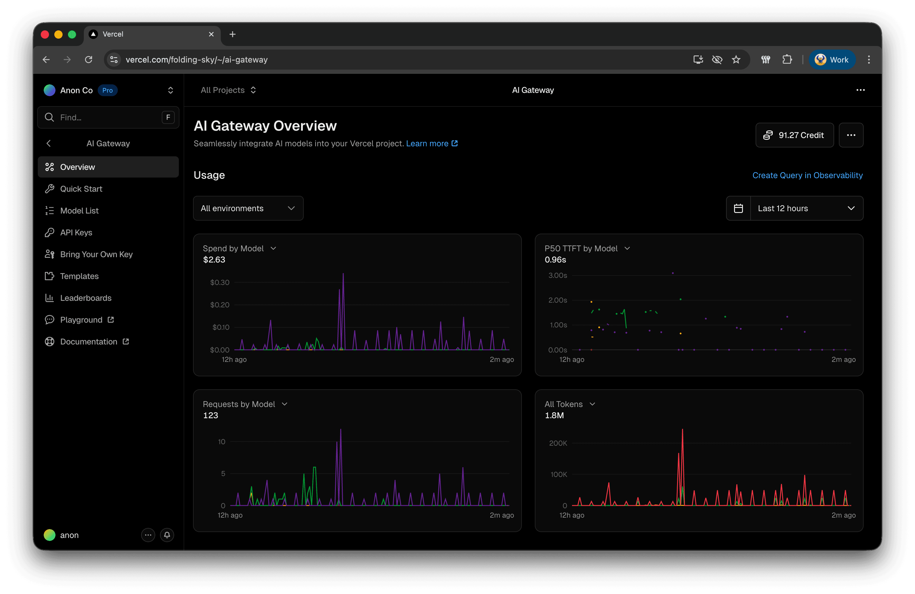 Vercel AI Gateway dashboard showing spend, latency, requests, and token usage