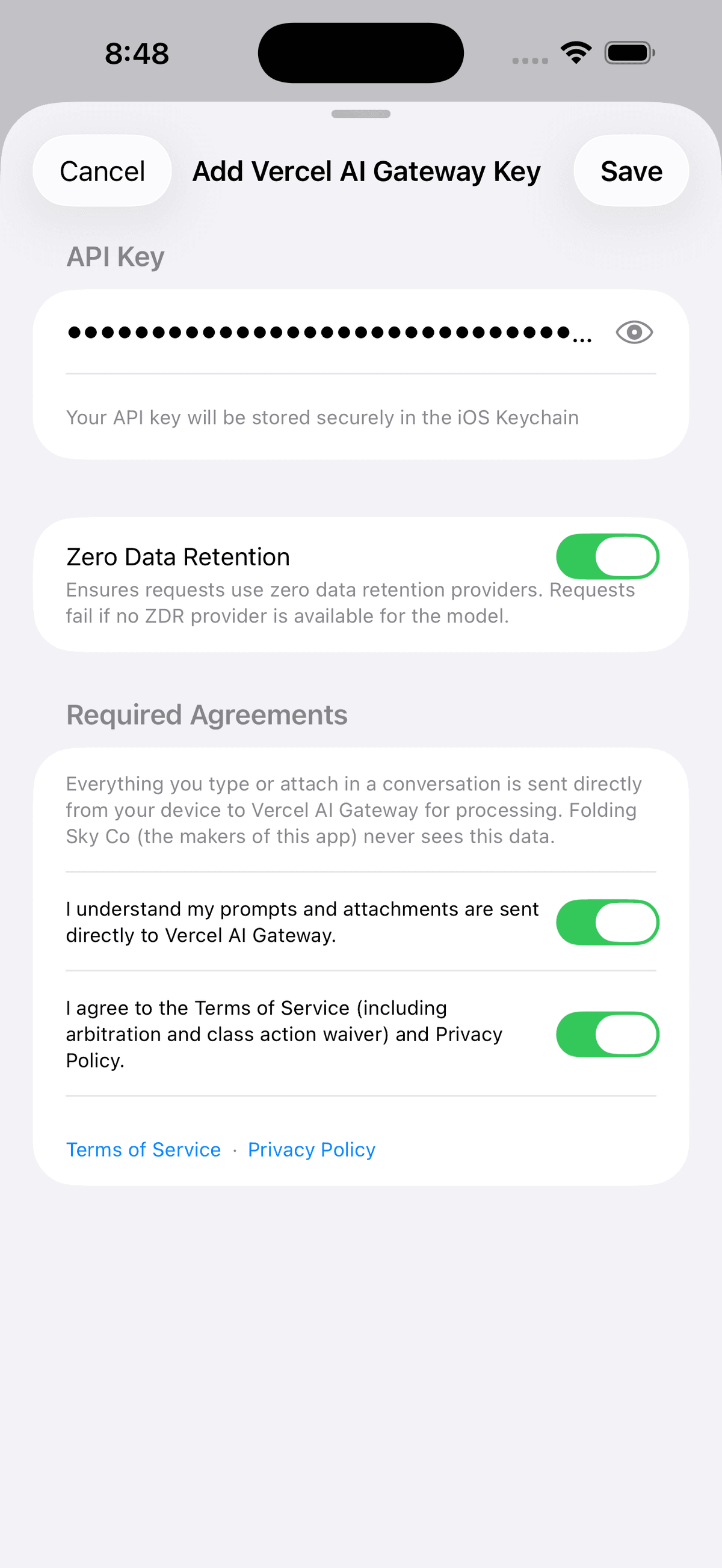 Cumbersome iPhone screen for adding a Vercel AI Gateway key with the Zero Data Retention toggle enabled, sending per-request ZDR on every call
