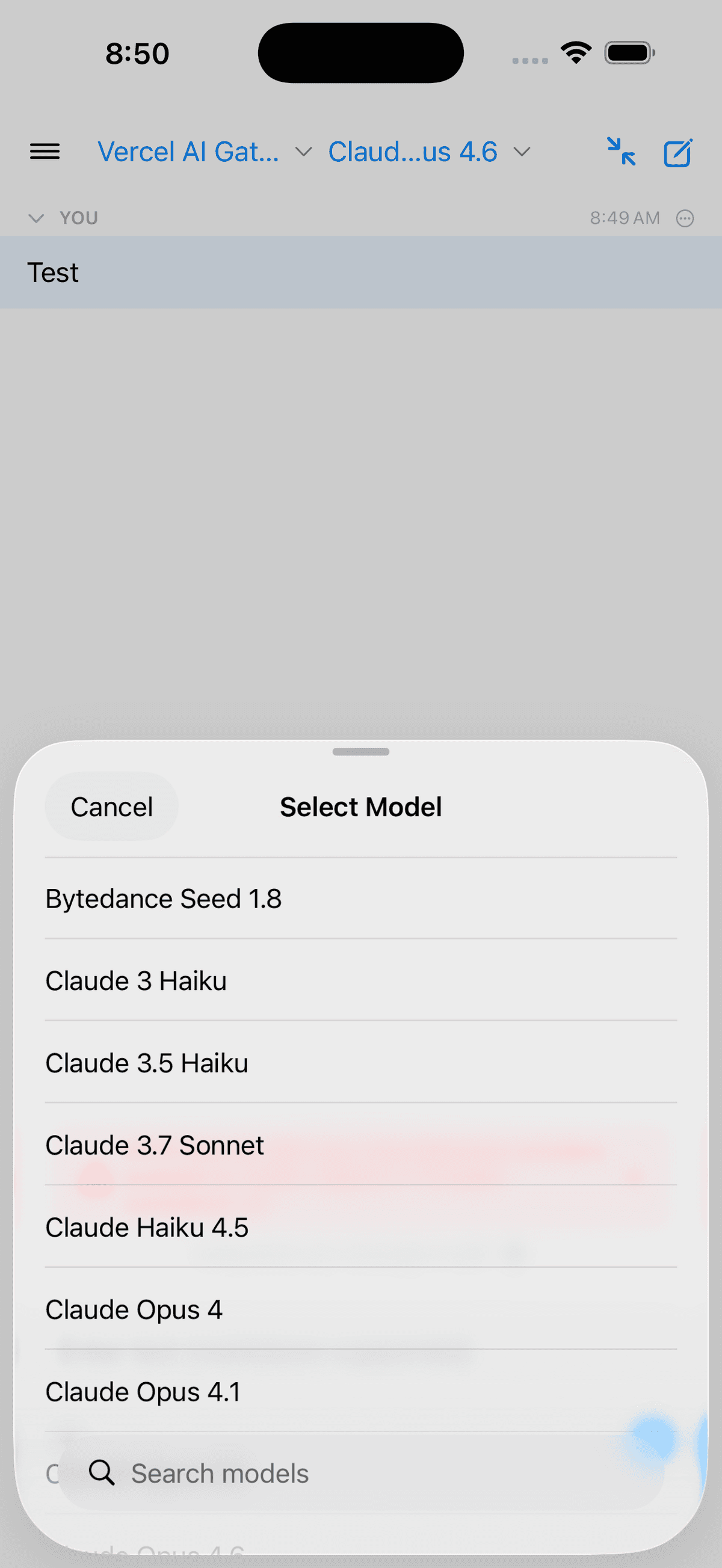 Cumbersome iPhone model picker showing multiple Claude models available through Vercel AI Gateway