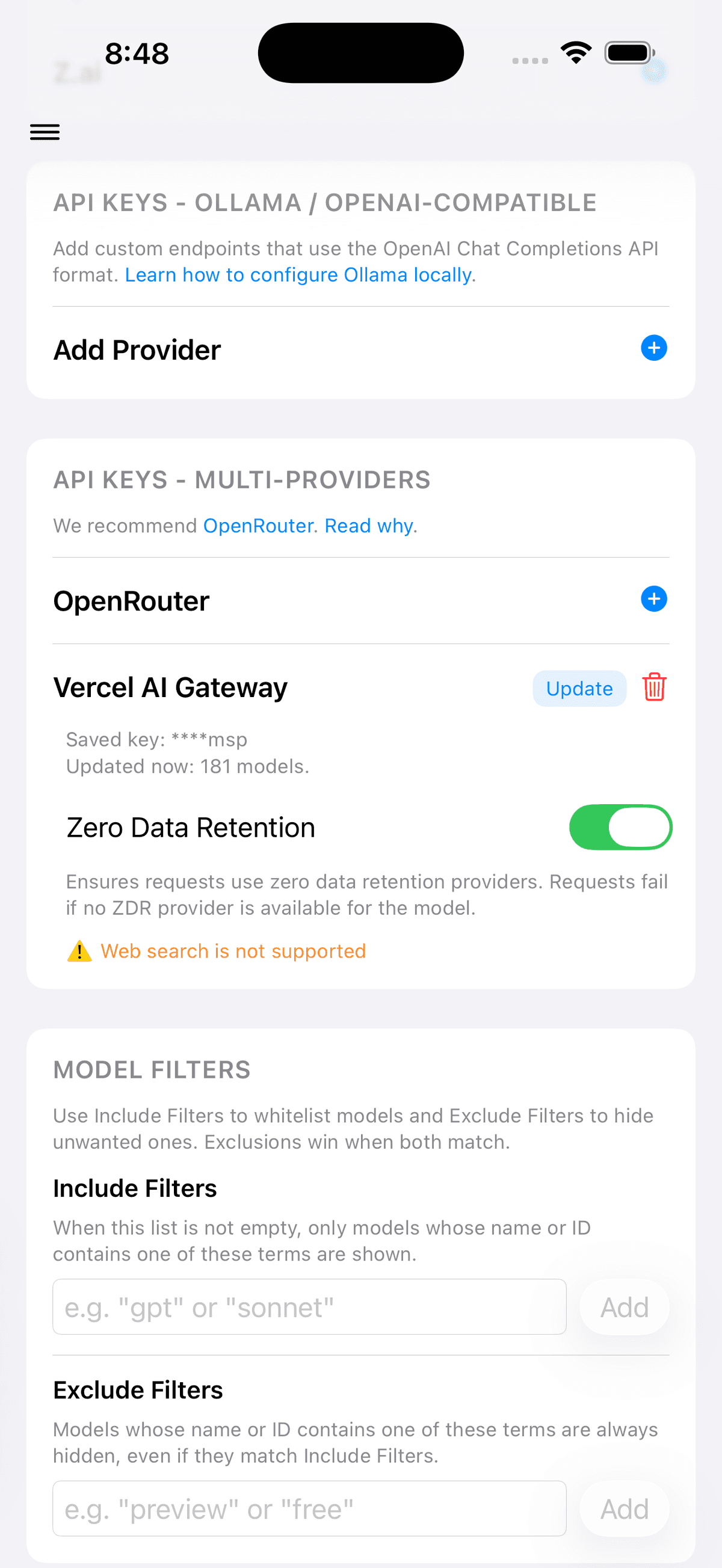 Cumbersome iPhone settings showing the saved Vercel AI Gateway provider with zero data retention enabled and a warning that web search is not supported