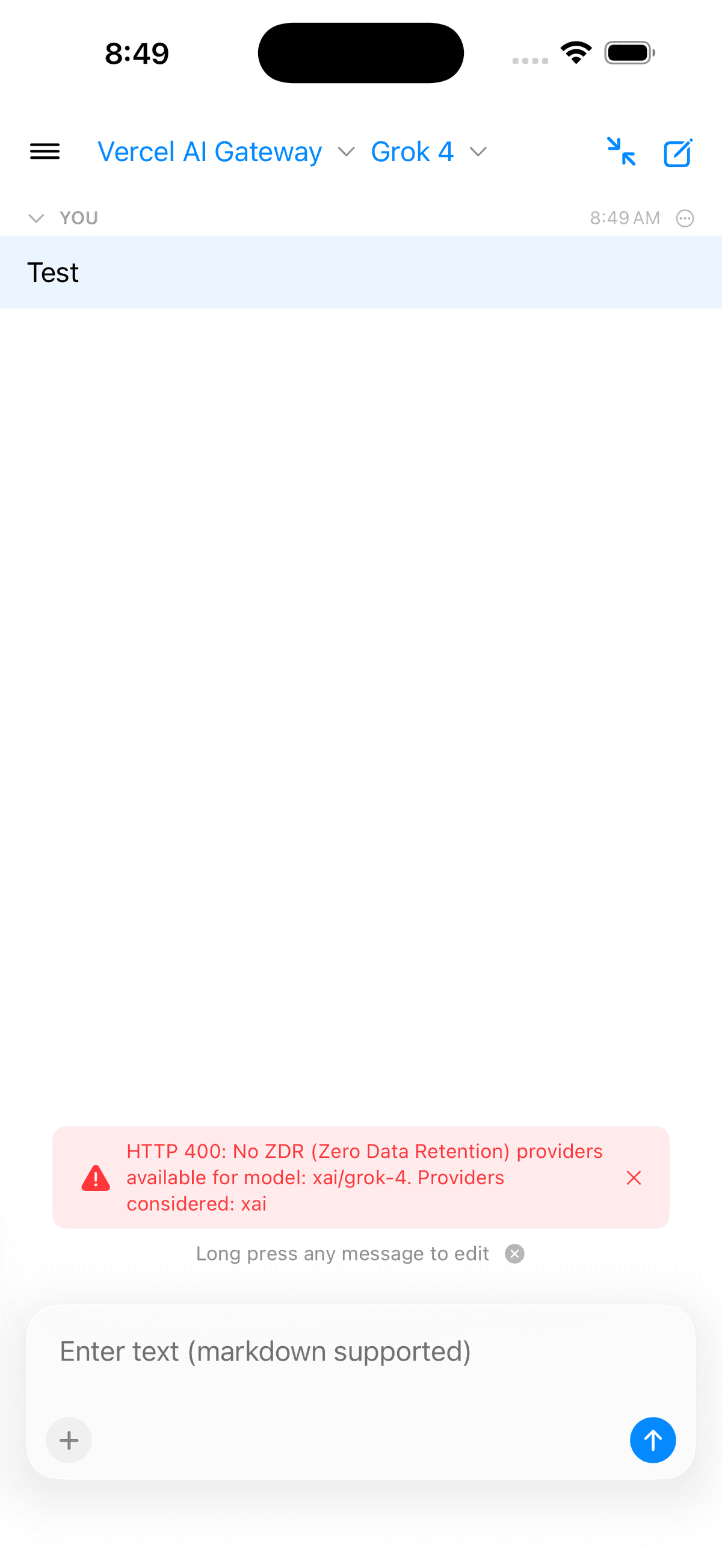Cumbersome iPhone screenshot showing a failed Vercel AI Gateway request because no ZDR provider is available for xai/grok-4