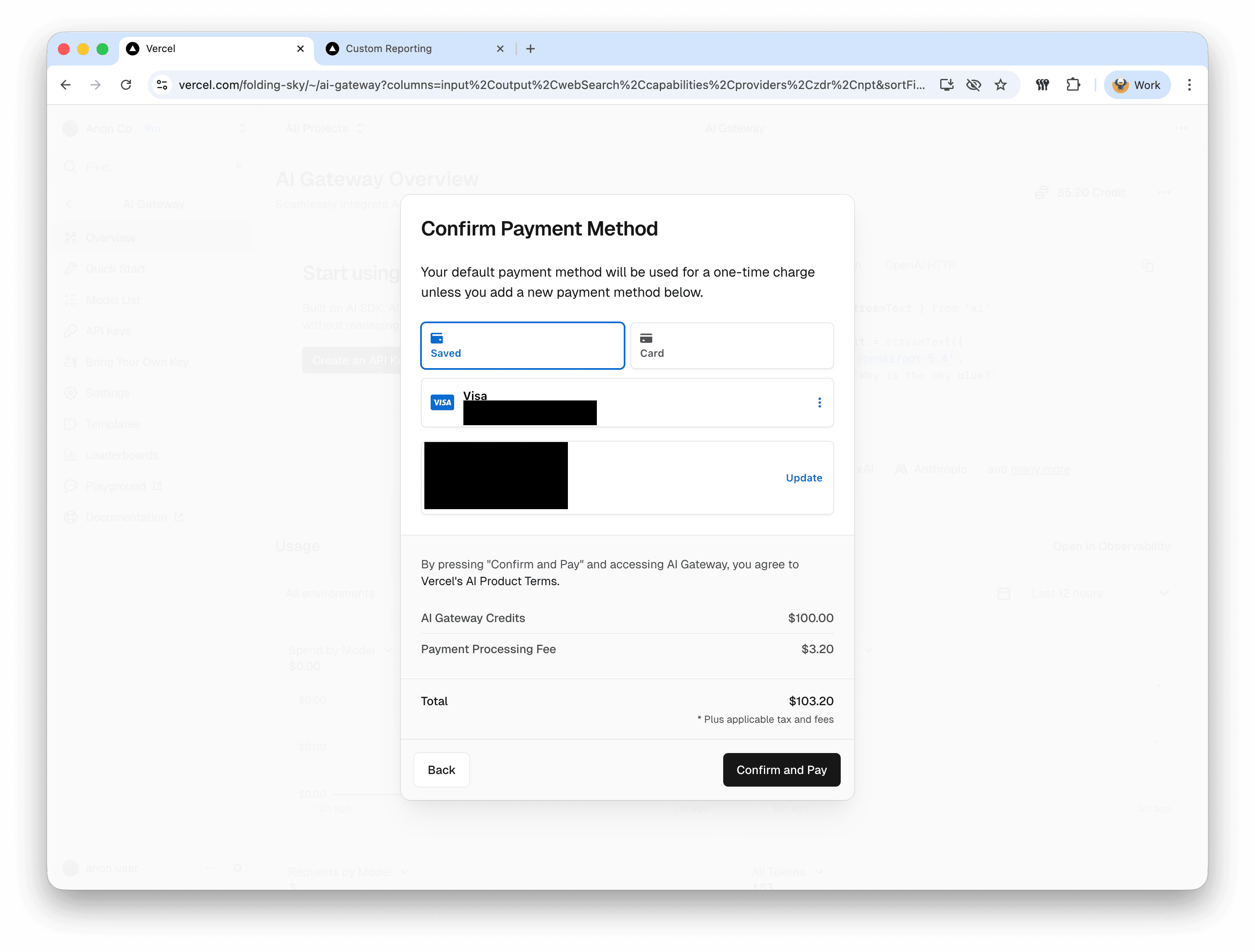 Vercel AI Gateway checkout dialog showing a 100 dollar credit purchase with a 3.20 dollar payment processing fee