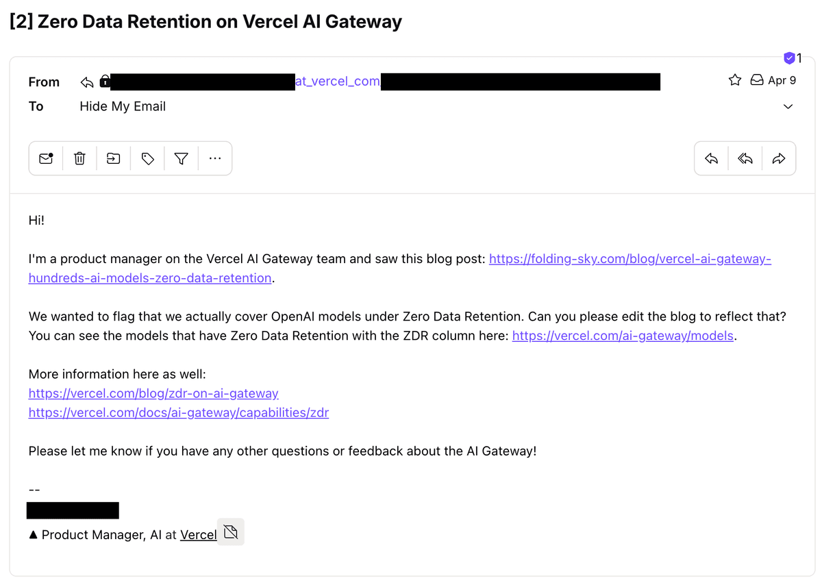 Email from a Vercel AI product manager about OpenAI models now covered under Zero Data Retention on AI Gateway