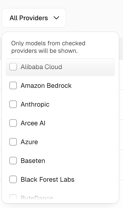 Vercel AI Gateway All Providers dropdown showing Alibaba Cloud, Amazon Bedrock, Anthropic, Arcee AI, Azure, Baseten, Black Forest Labs, and ByteDance as available providers