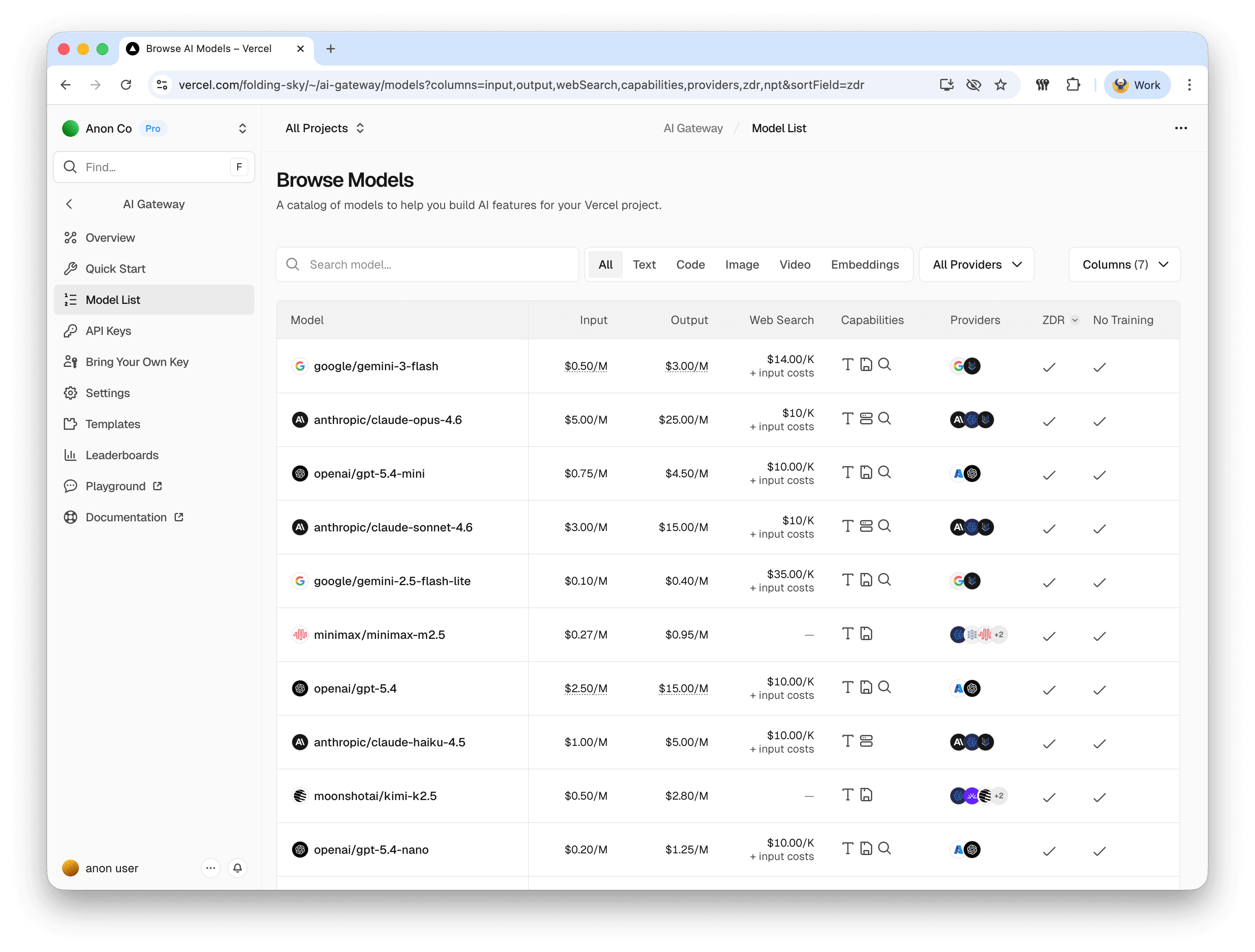 Vercel AI Gateway model list showing prices, web search availability, providers, zero data retention, and no training columns
