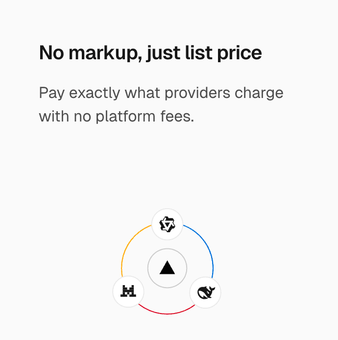 Vercel AI Gateway marketing banner saying no markup just list price and pay exactly what providers charge with no platform fees
