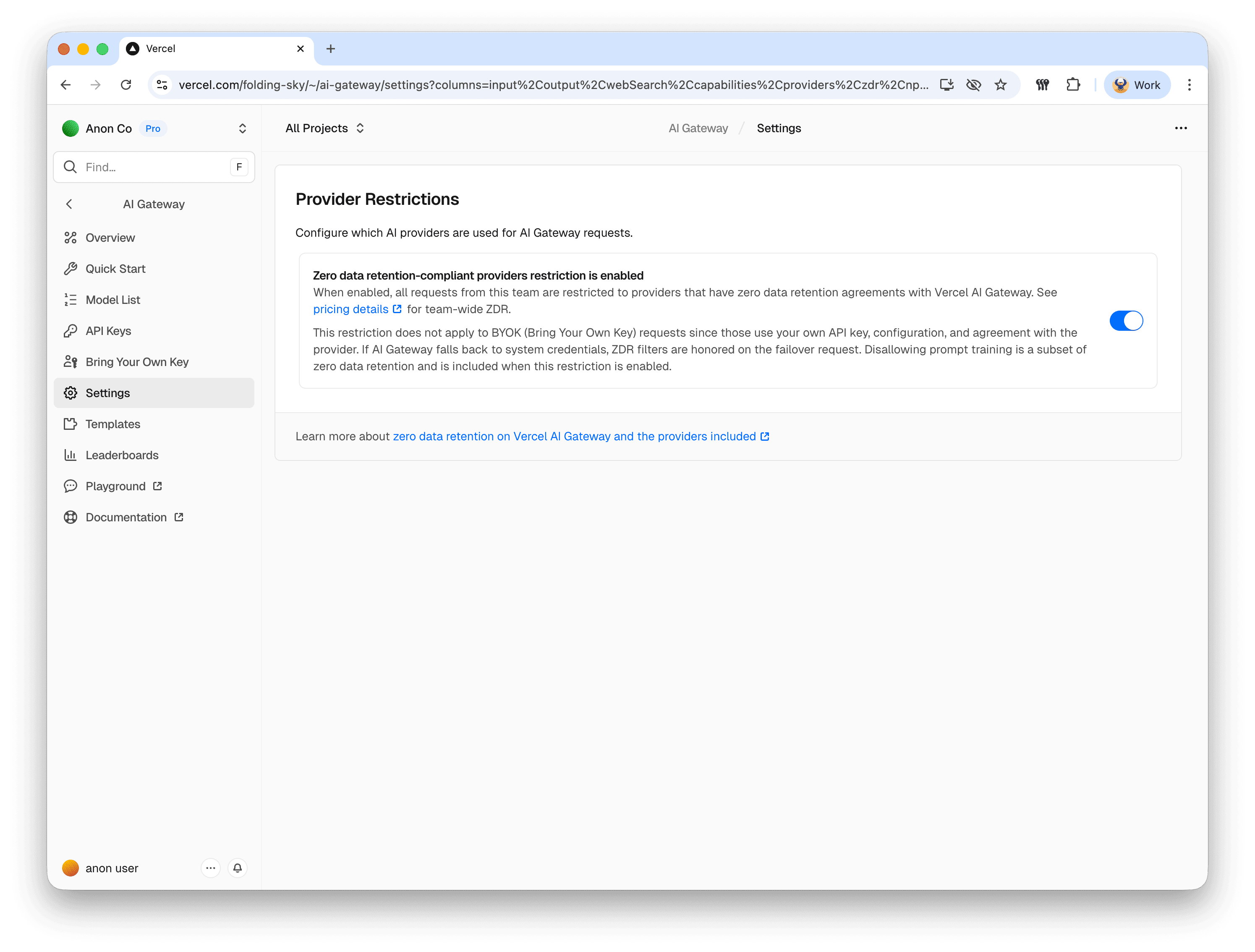 Vercel AI Gateway settings page with the zero data retention provider restrictions toggle enabled