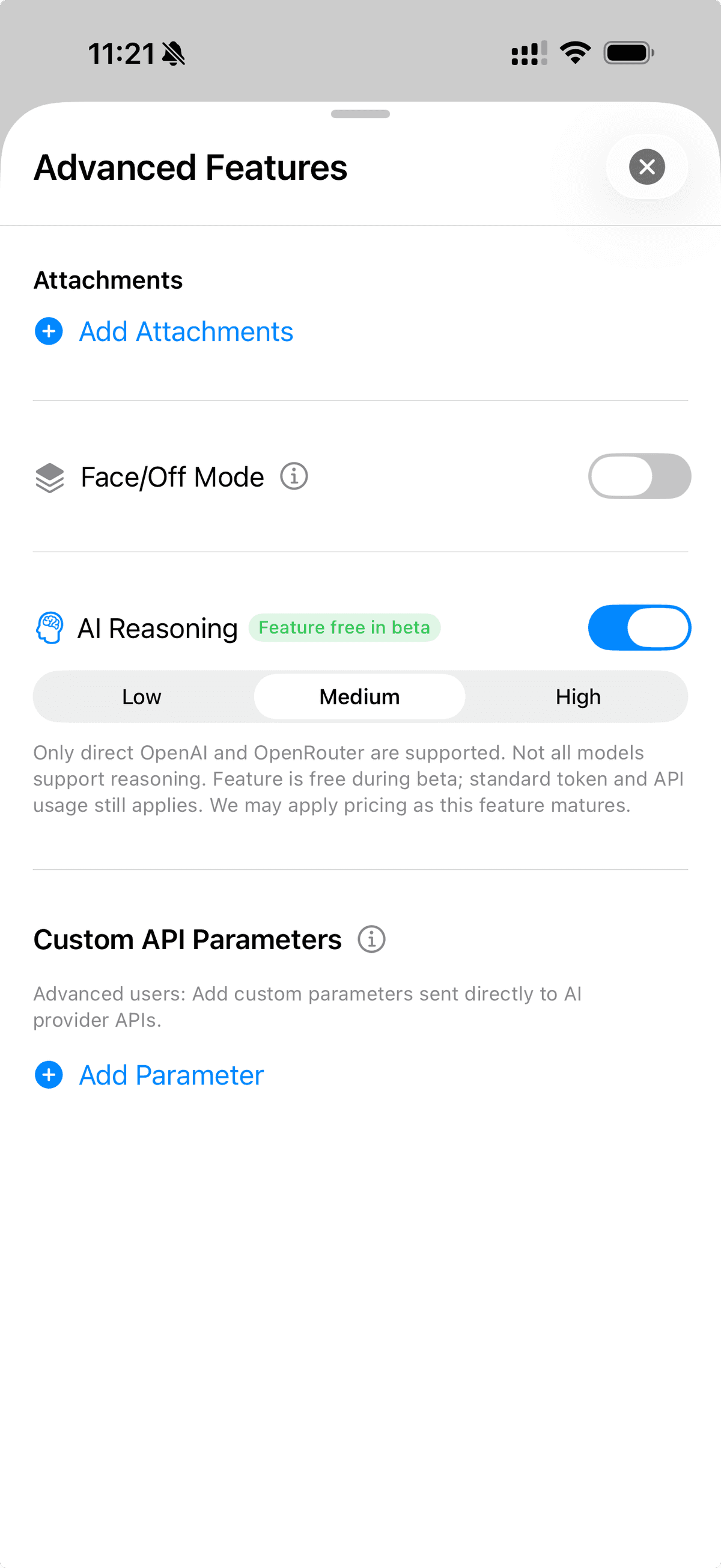 Cumbersome Advanced Features showing AI Reasoning toggle with effort level picker