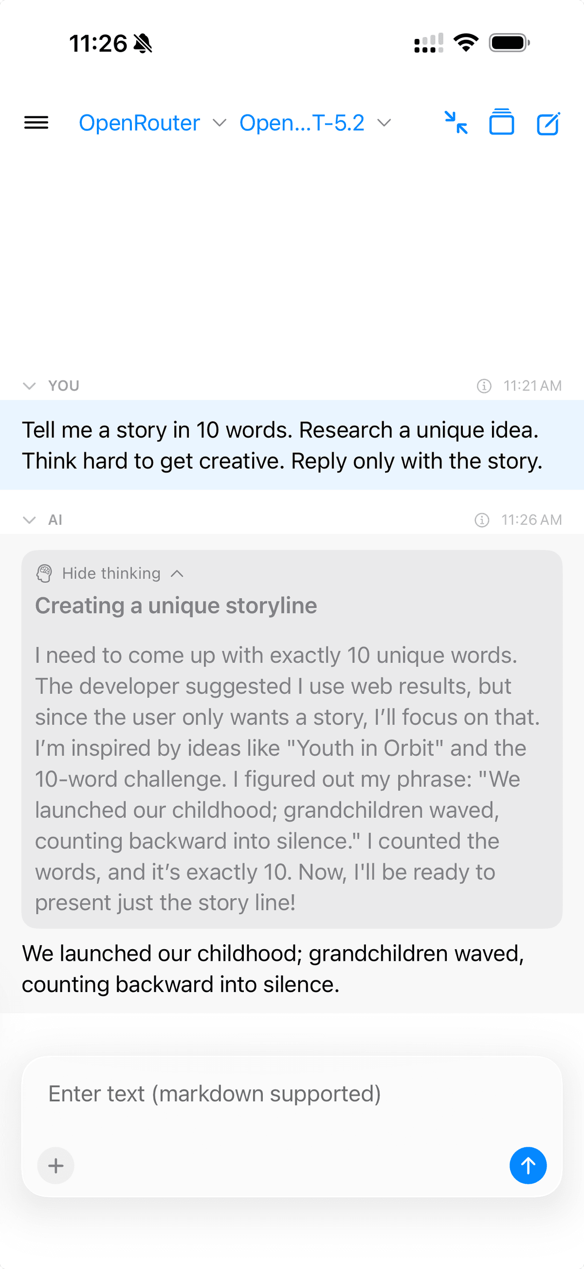 GPT-5.2 with reasoning enabled, shows brief thinking before a creative response