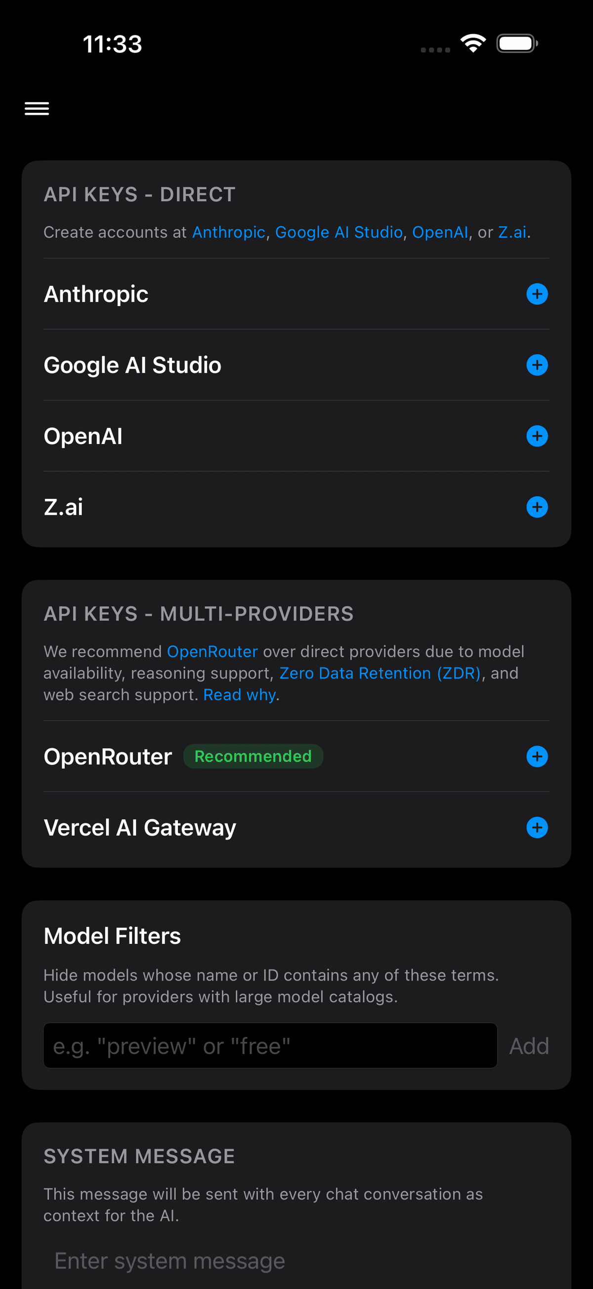 Cumbersome API key settings showing direct providers and OpenAI-compatible provider support