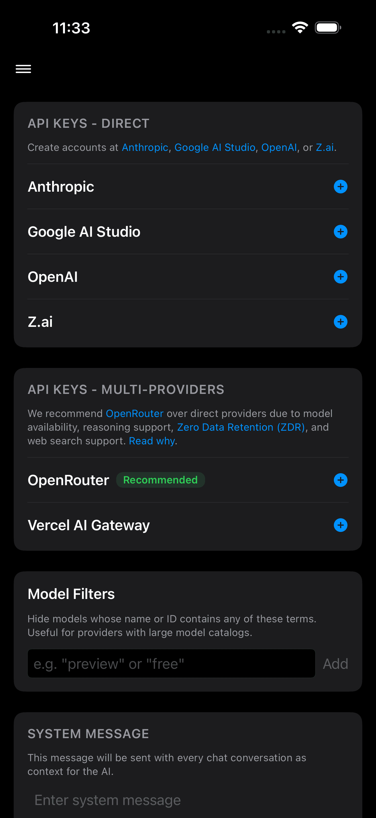 Cumbersome API keys settings showing direct providers and multi-providers with OpenRouter recommended
