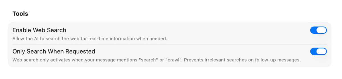 Cumbersome Tools settings showing Enable Web Search and Only Search When Requested toggles, both enabled