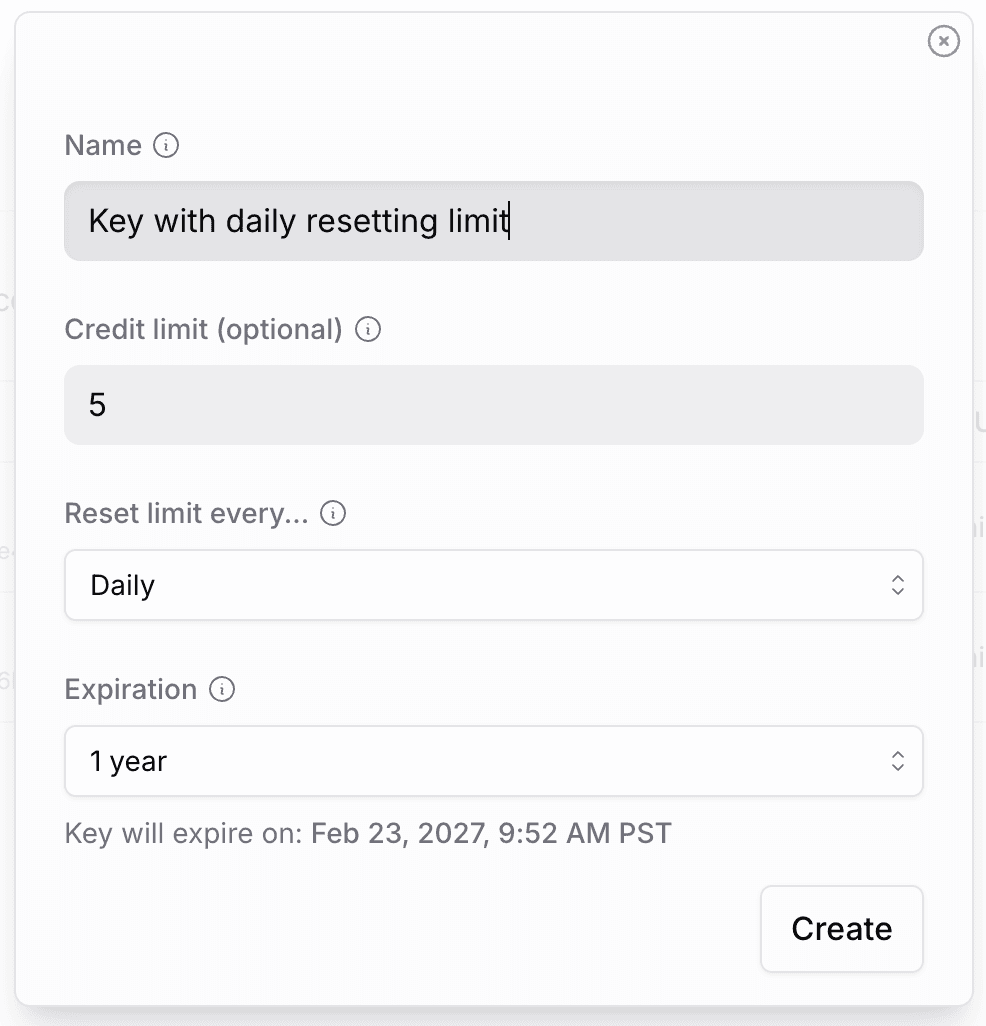OpenRouter API key creation form showing a $5 daily credit limit with automatic reset and 1-year expiration