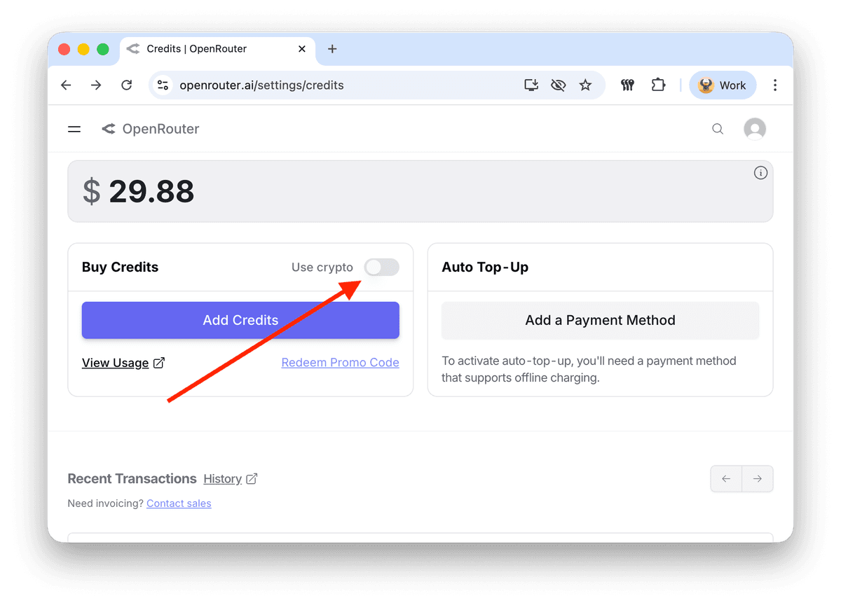 OpenRouter credits page showing a Use crypto toggle next to the Buy Credits button for purchasing credits with cryptocurrency