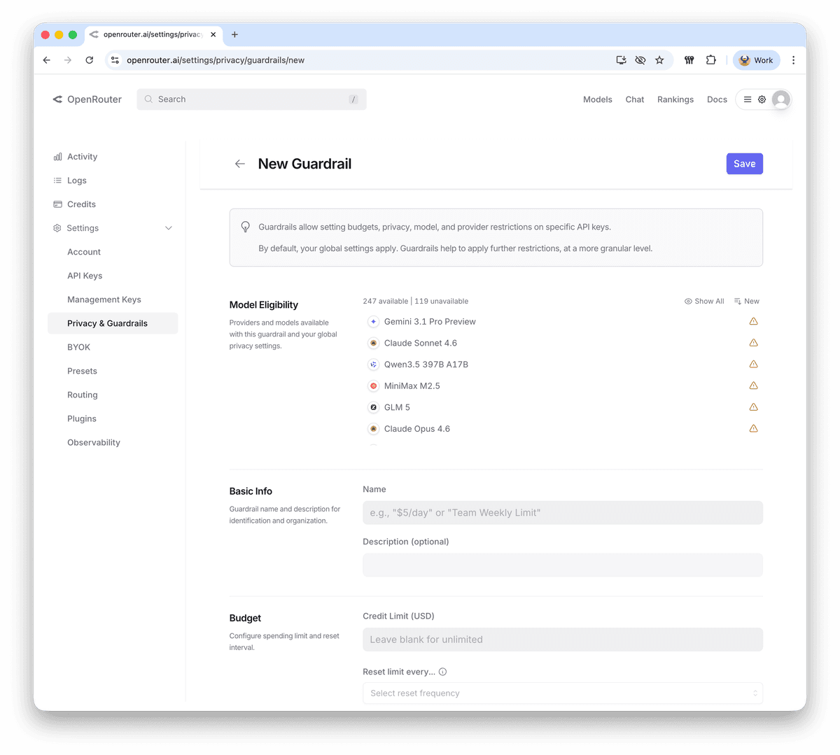 OpenRouter guardrail configuration page showing model eligibility filtering, budget limits, and per-key restriction options