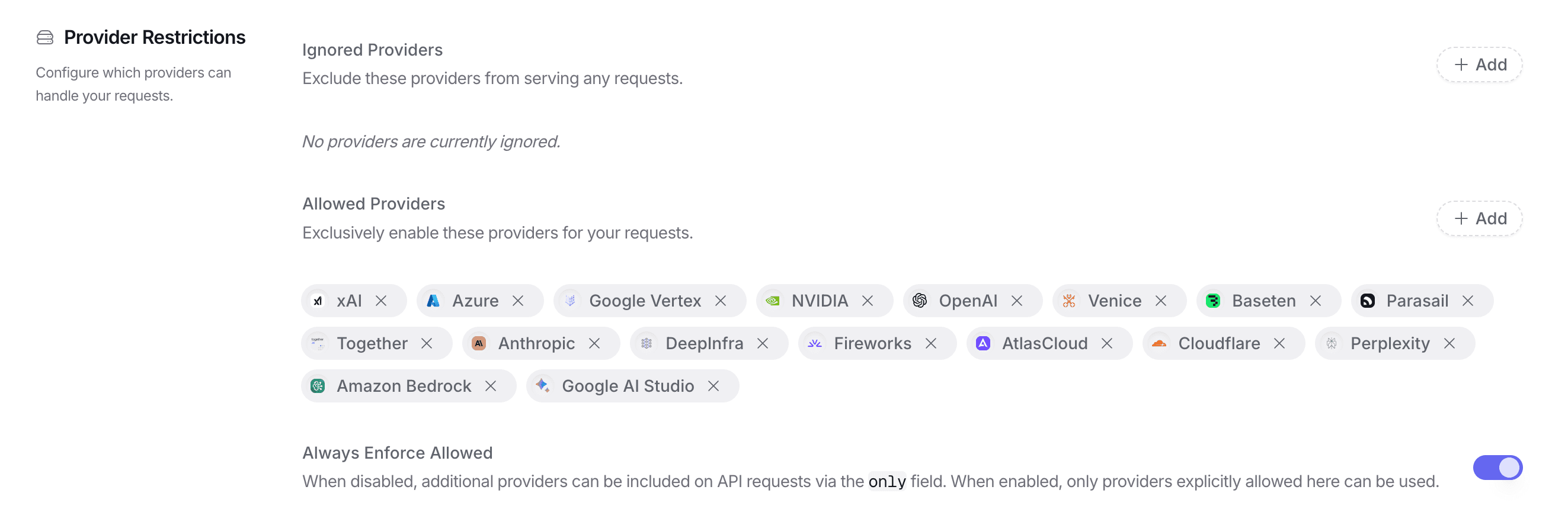 OpenRouter Provider Restrictions settings page showing allowed providers locked down to major US-based providers: xAI, Azure, Google Vertex, NVIDIA, OpenAI, Venice, Baseten, Parasail, Together, Anthropic, DeepInfra, Fireworks, AtlasCloud, Cloudflare, Perplexity, Amazon Bedrock, and Google AI Studio