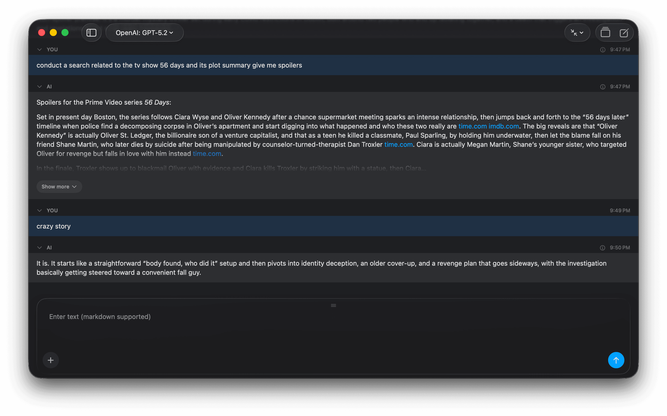 Cumbersome conversation with OpenRouter search off for follow-up. The AI correctly discusses the 56 Days TV show plot when the user says crazy story.