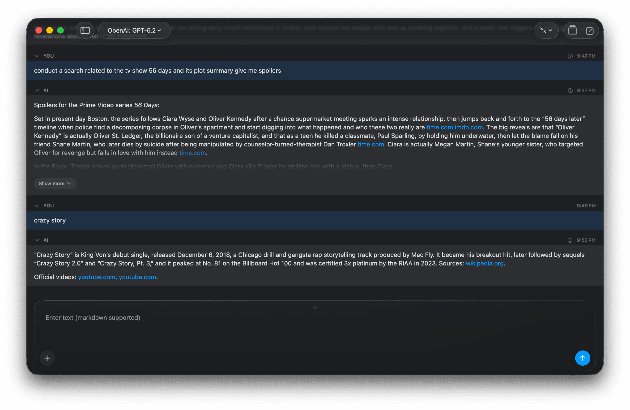 Cumbersome conversation with OpenRouter search on for follow-up. The AI ignores the 56 Days context and instead describes King Von's Crazy Story rap single.
