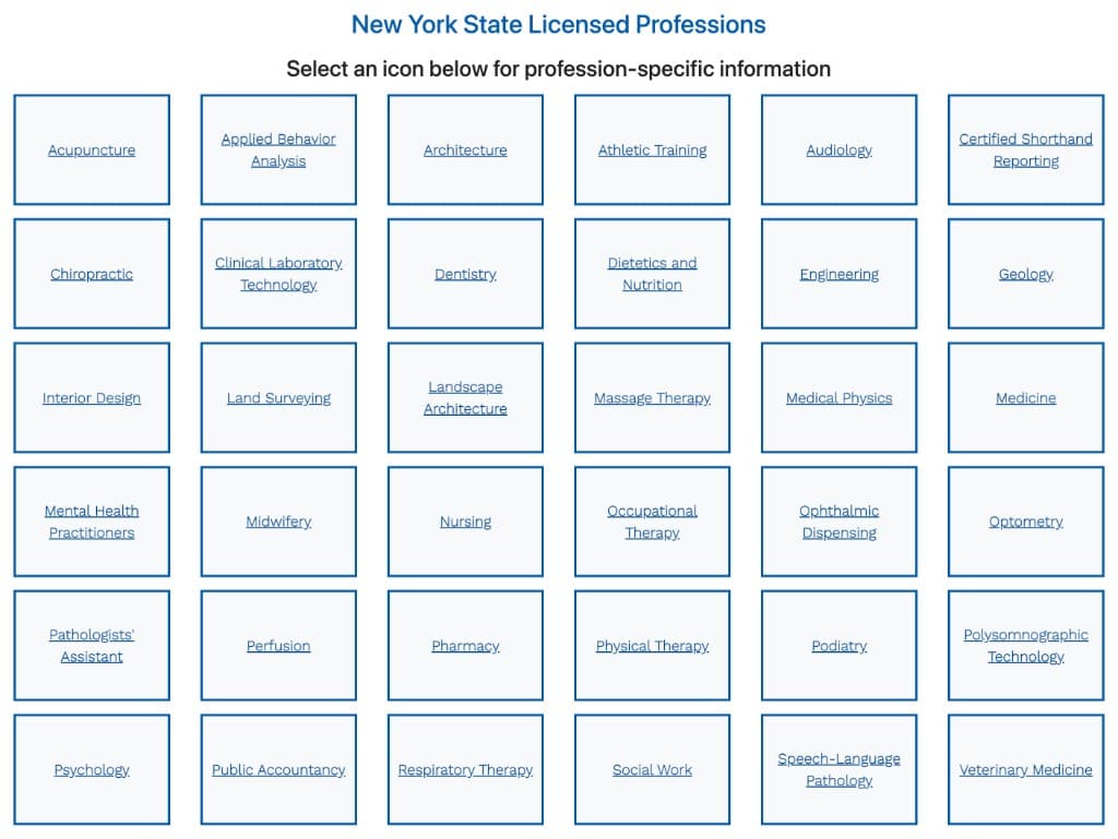 New York State licensed professions grid showing 38 regulated professions from acupuncture to veterinary medicine