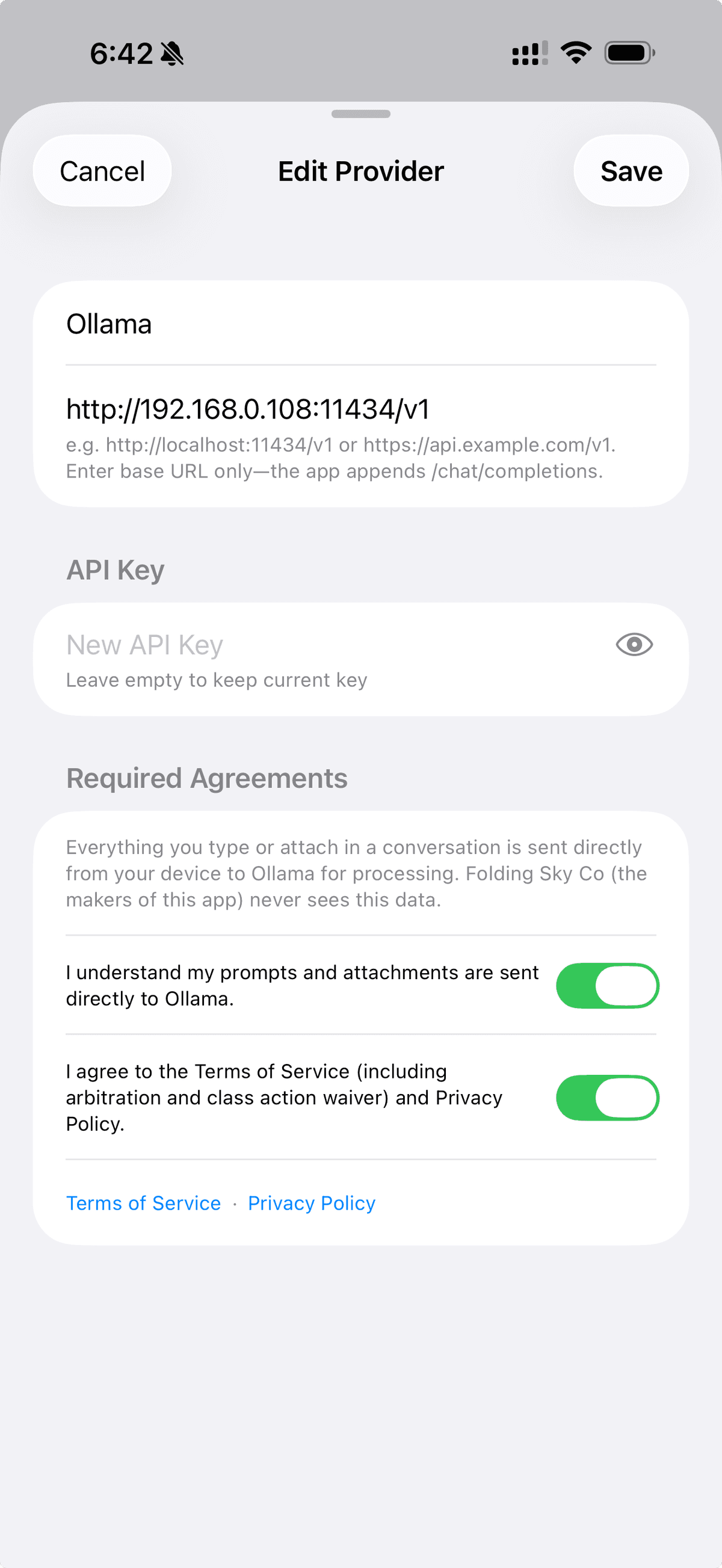 Cumbersome on iPhone showing an Ollama provider configured with a local network IP address instead of localhost