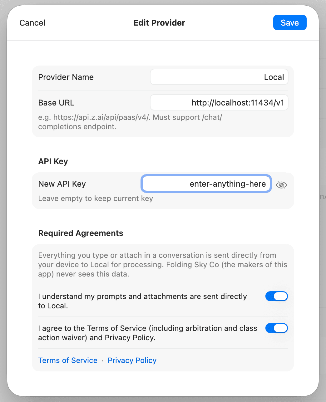 Cumbersome on macOS showing a Local provider configured with base URL http://localhost:11434/v1 and a placeholder API key