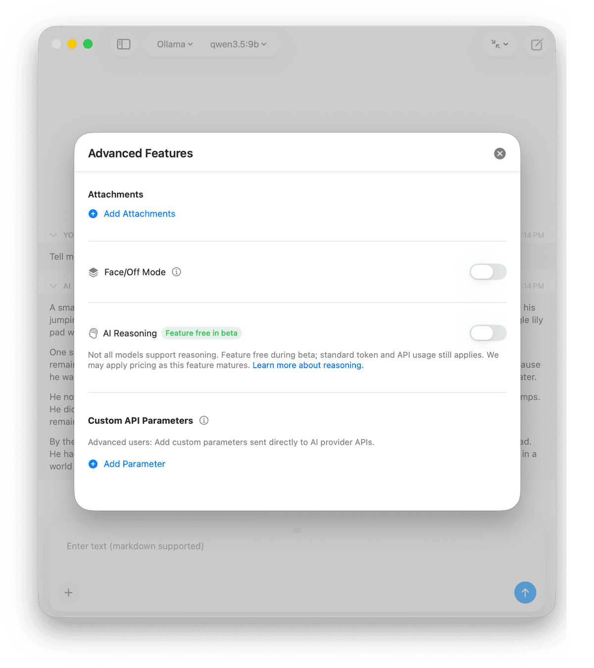 Cumbersome advanced features panel opened from the plus button, showing the AI Reasoning toggle turned off