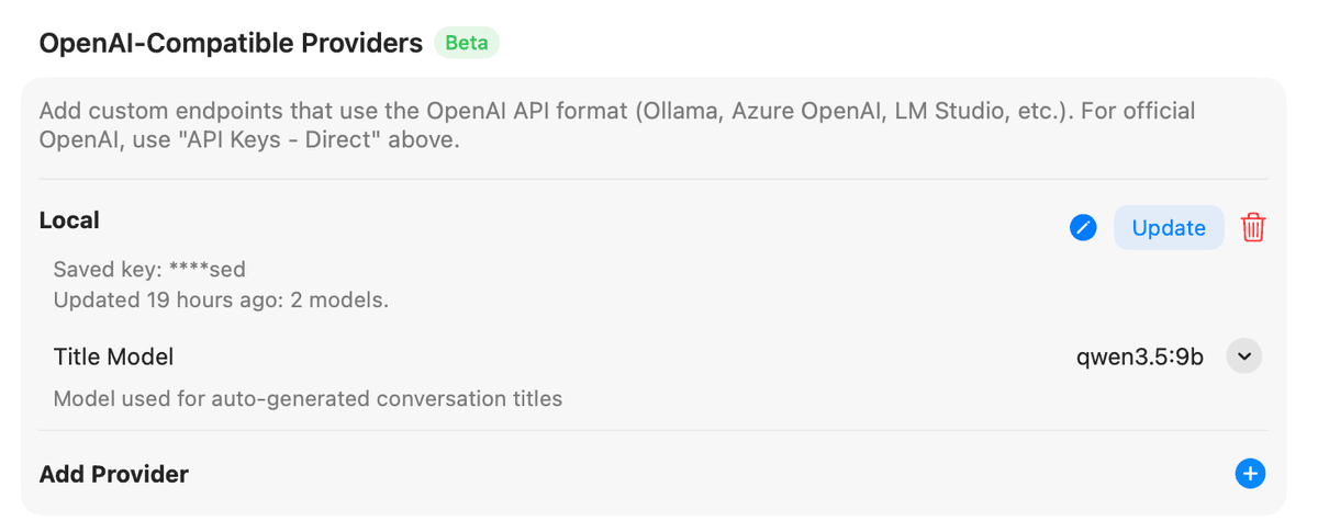 Cumbersome OpenAI-compatible provider list showing a Local provider with Title Model set to qwen3.5:9b