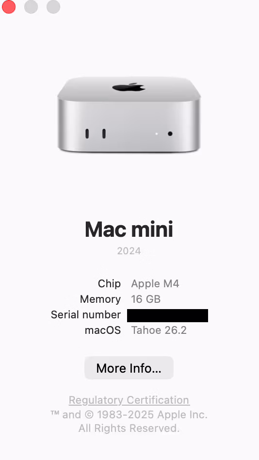 About This Mac window showing a 2024 Mac mini with Apple M4 chip and 16 GB of memory
