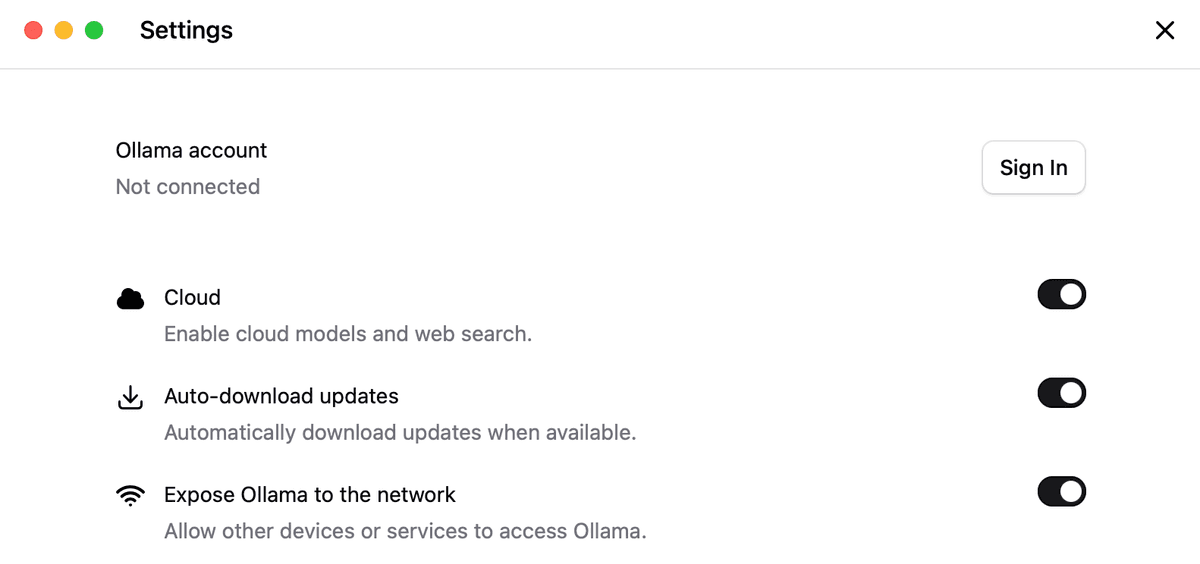 Ollama settings on macOS showing the Expose Ollama to the network toggle