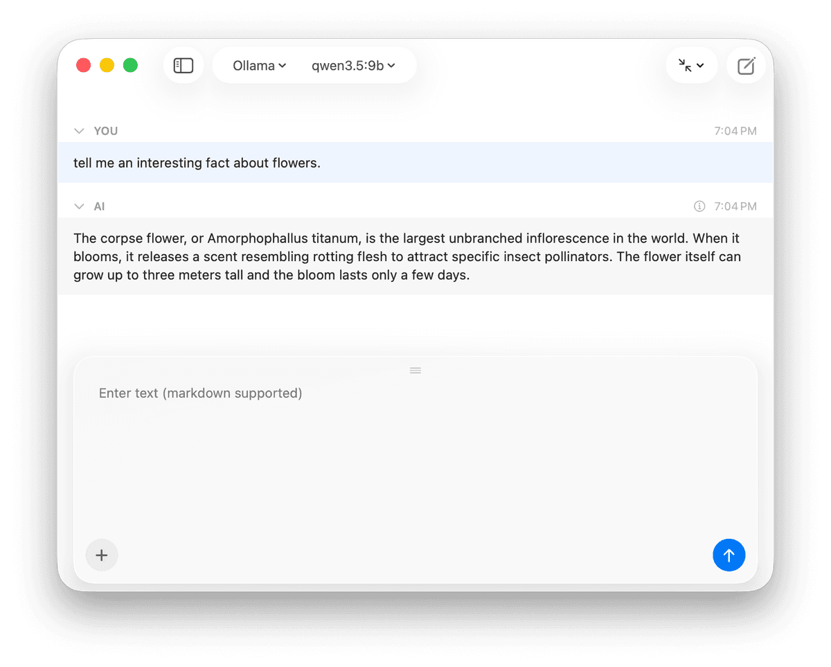 Cumbersome conversation using qwen3.5:9b with thinking off, answering a flower question directly in one short paragraph