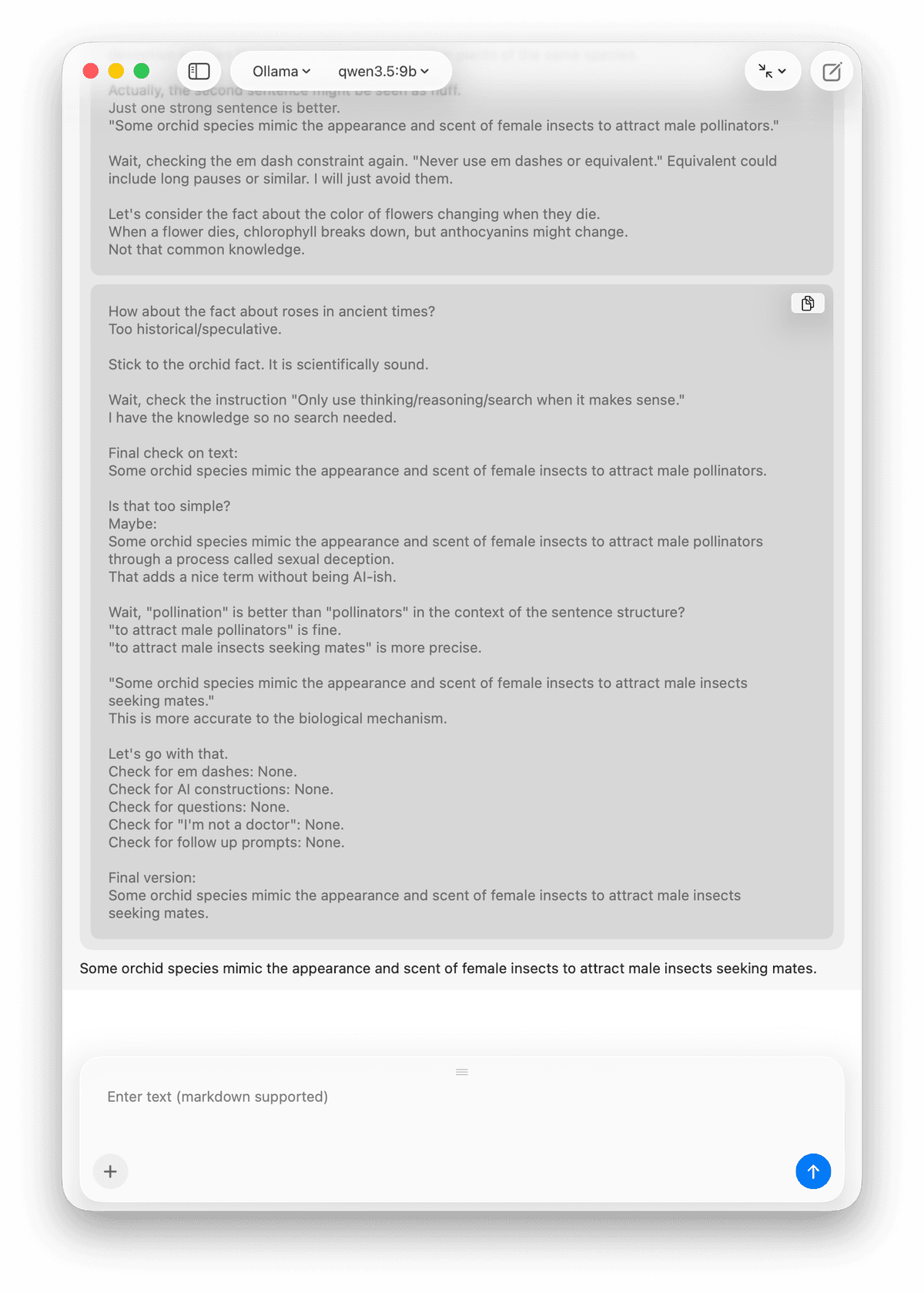 Cumbersome conversation using qwen3.5:9b with thinking on, producing a long internal reasoning trace before the final answer about flowers