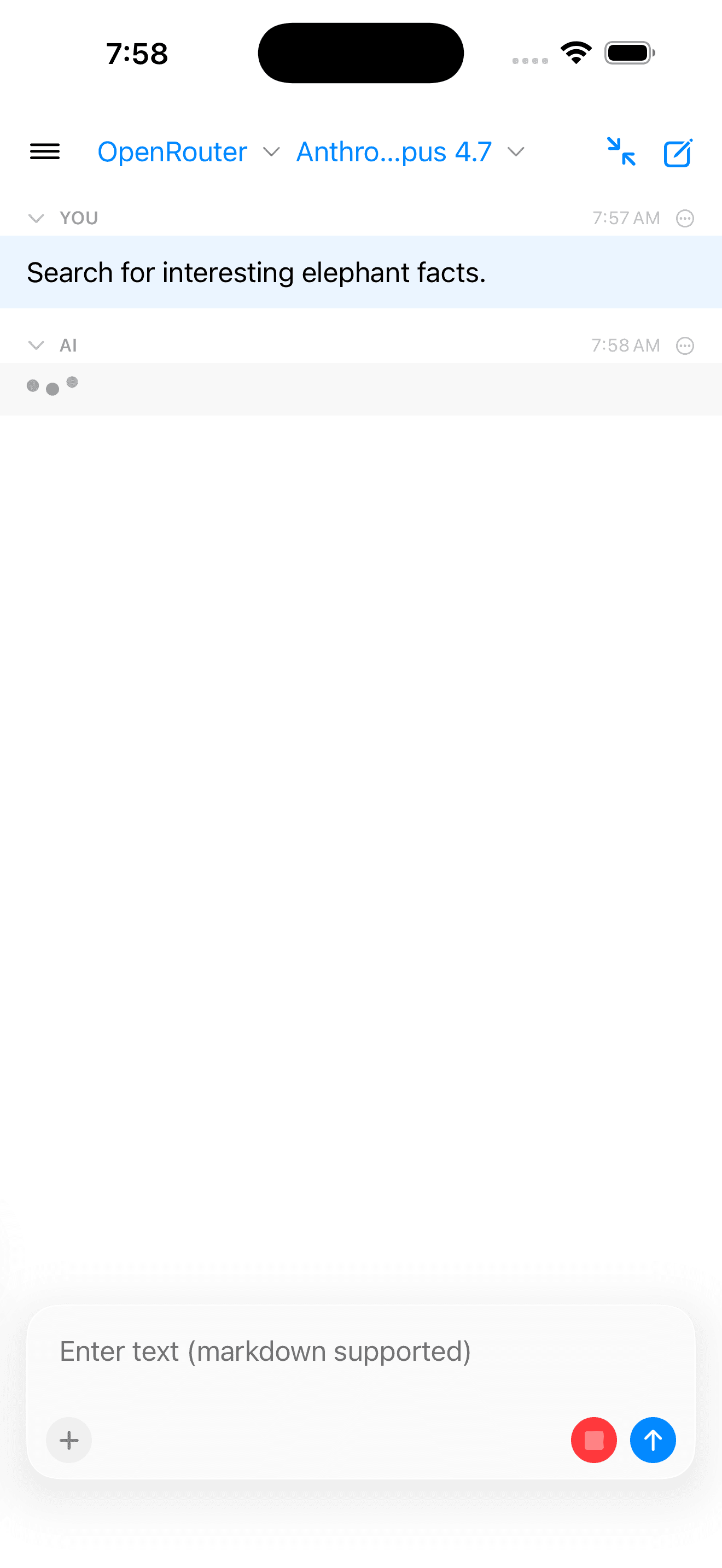 Cumbersome chat on iPhone with the user prompt sent and the AI beginning to respond.