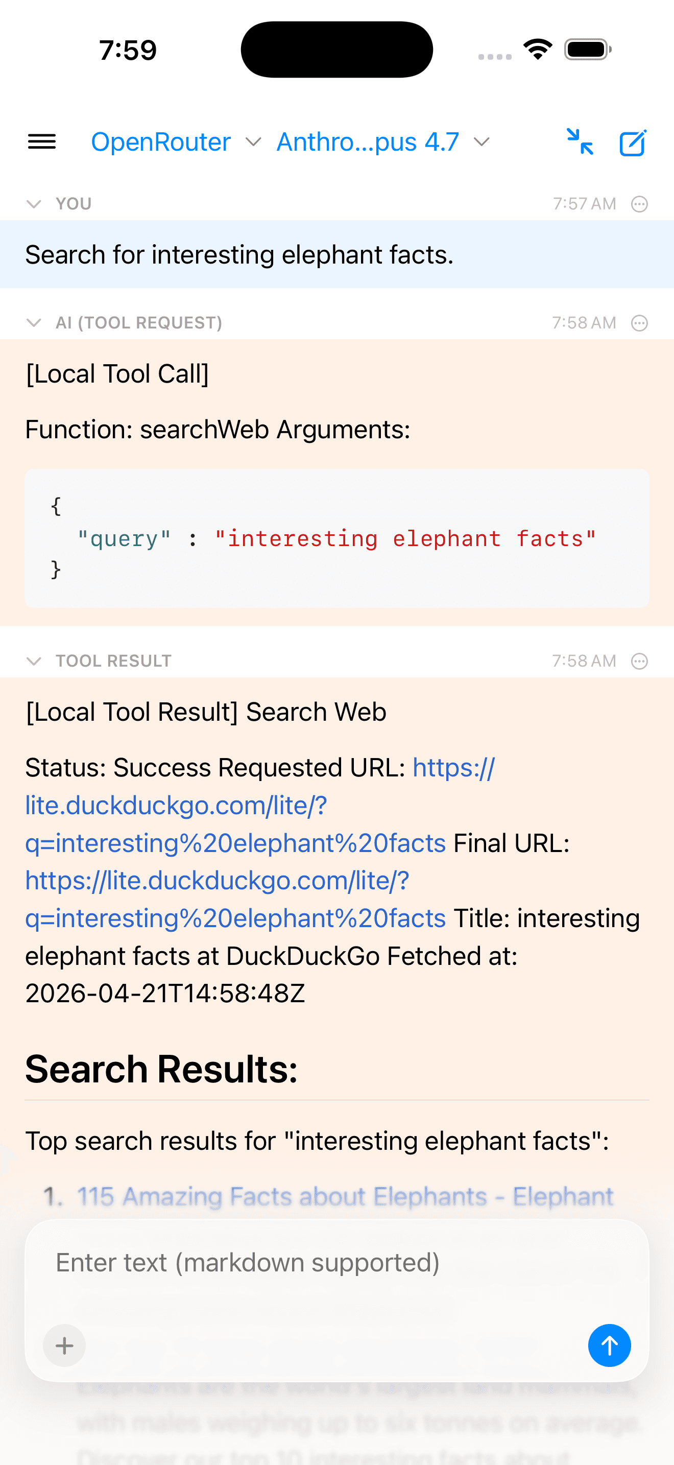 Expanded searchWeb tool call and tool result in the chat transcript, showing arguments, requested URL, final URL, and fetched timestamp.