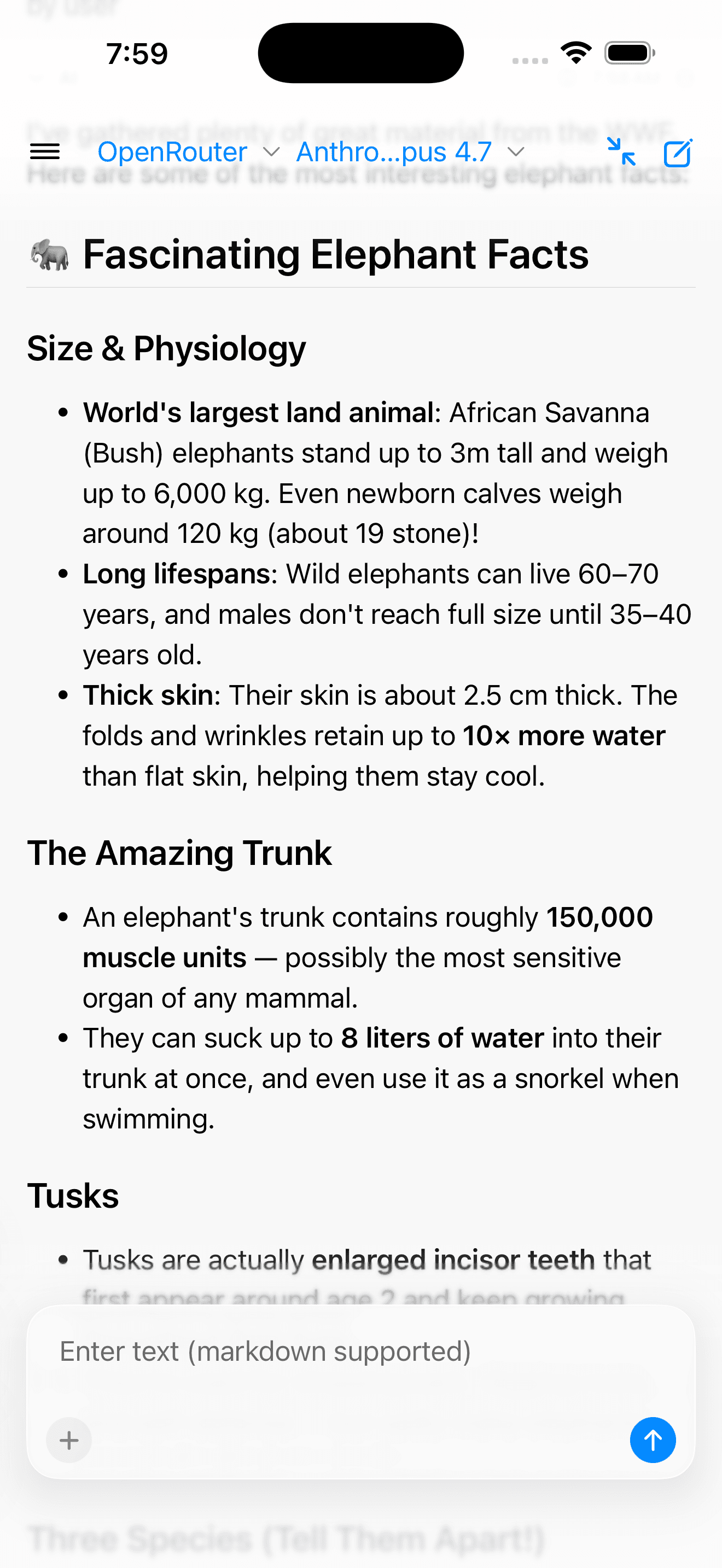 AI final answer streaming into the chat: a structured Fascinating Elephant Facts summary with sections for Size and Physiology, The Amazing Trunk, and Tusks.