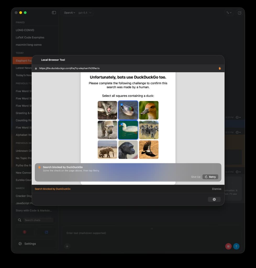 Cumbersome on macOS showing the in-app browser modal paused on a prove-you're-human challenge, with a Retry / Give Up banner at the bottom