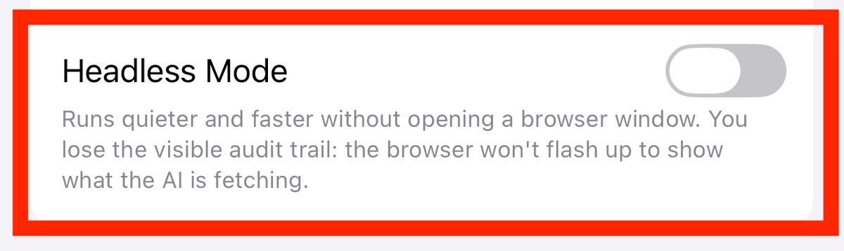 Close-up of the Headless Mode toggle in Cumbersome Settings, showing the toggle off and the helper text explaining the tradeoff