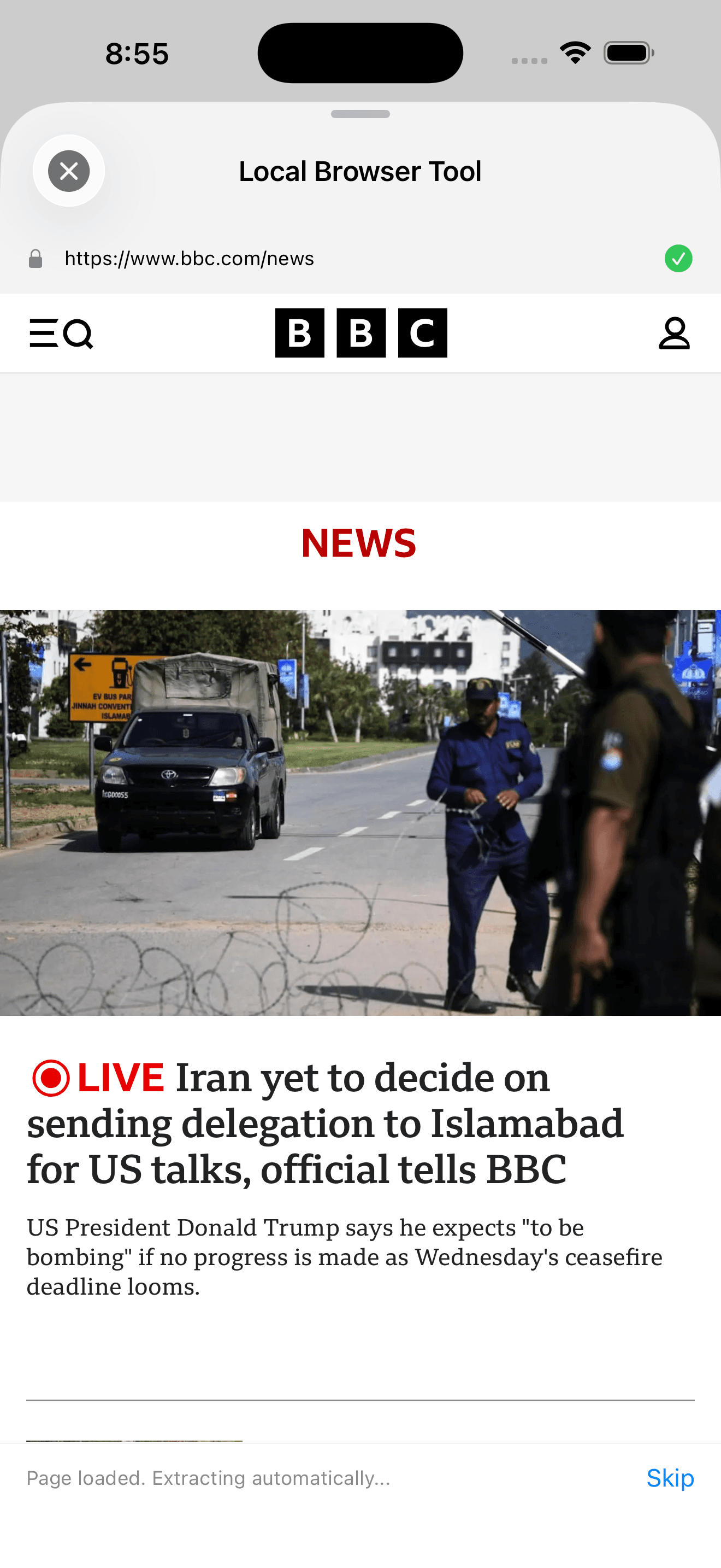 Cumbersome in-app Local Browser Tool modal loading a BBC News article on iPhone, with a green checkmark next to the URL and a Page loaded. Extracting automatically... banner at the bottom.