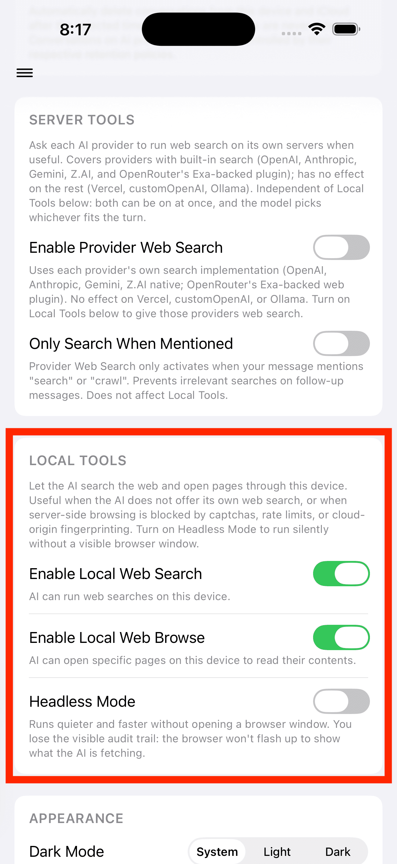 Cumbersome settings screen showing Local Tools toggles for local web search, local web browse, and headless mode, with the Local Tools group highlighted.