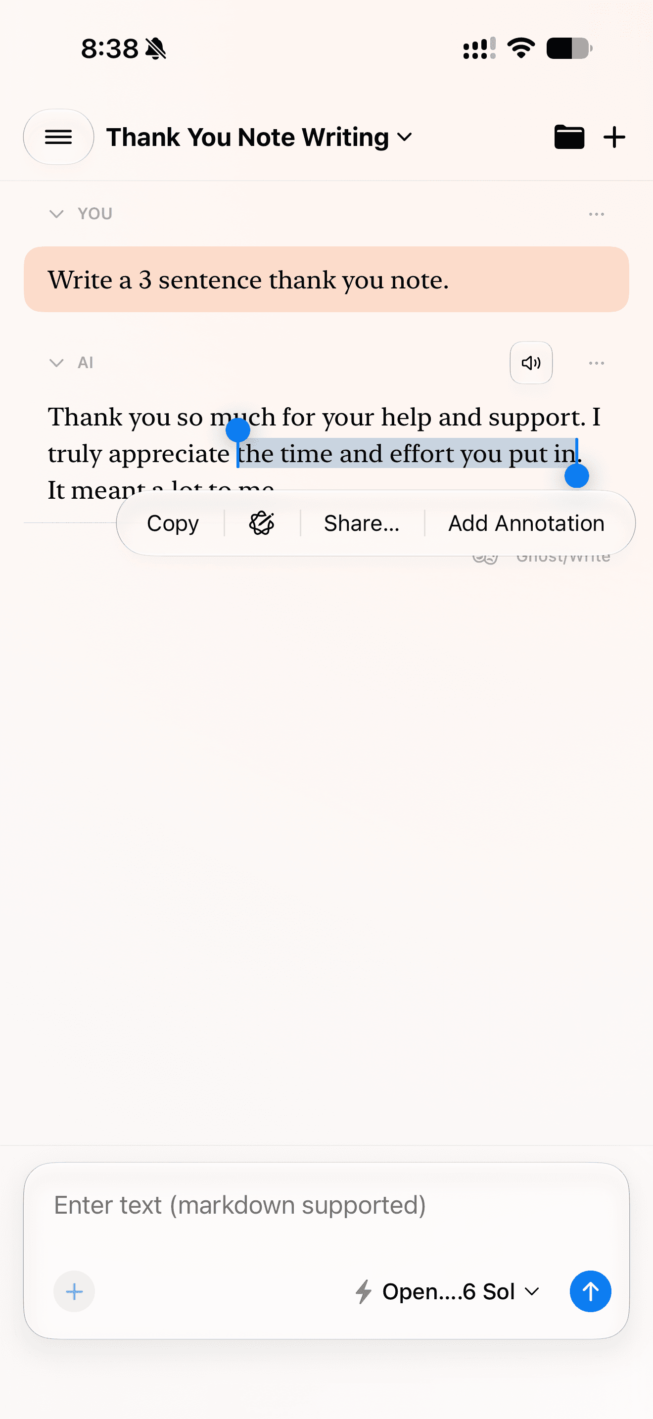 Cumbersome on iPhone with text selected in an AI response and the Add Annotation command visible in the selection menu.