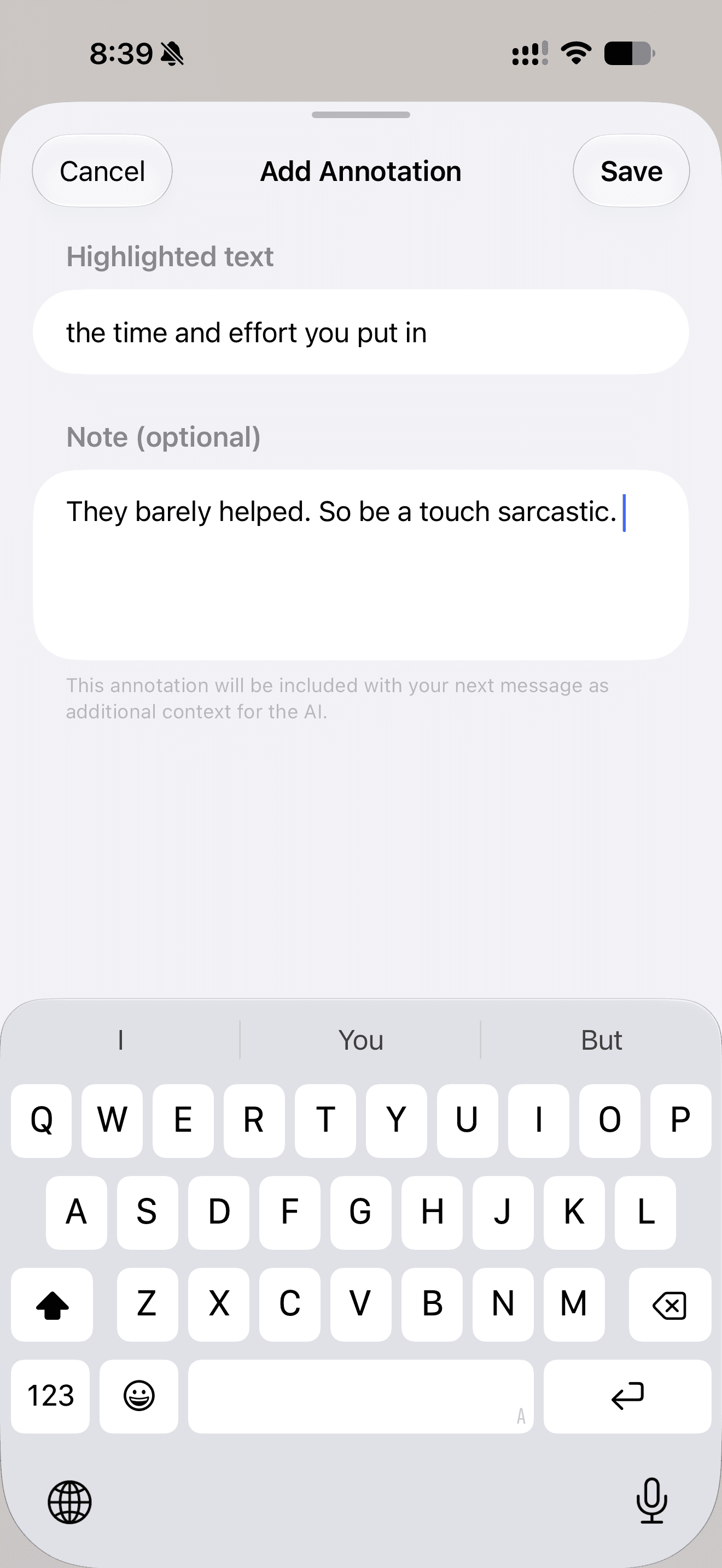 Cumbersome Add Annotation editor showing the selected passage and an optional note asking for a touch of sarcasm.