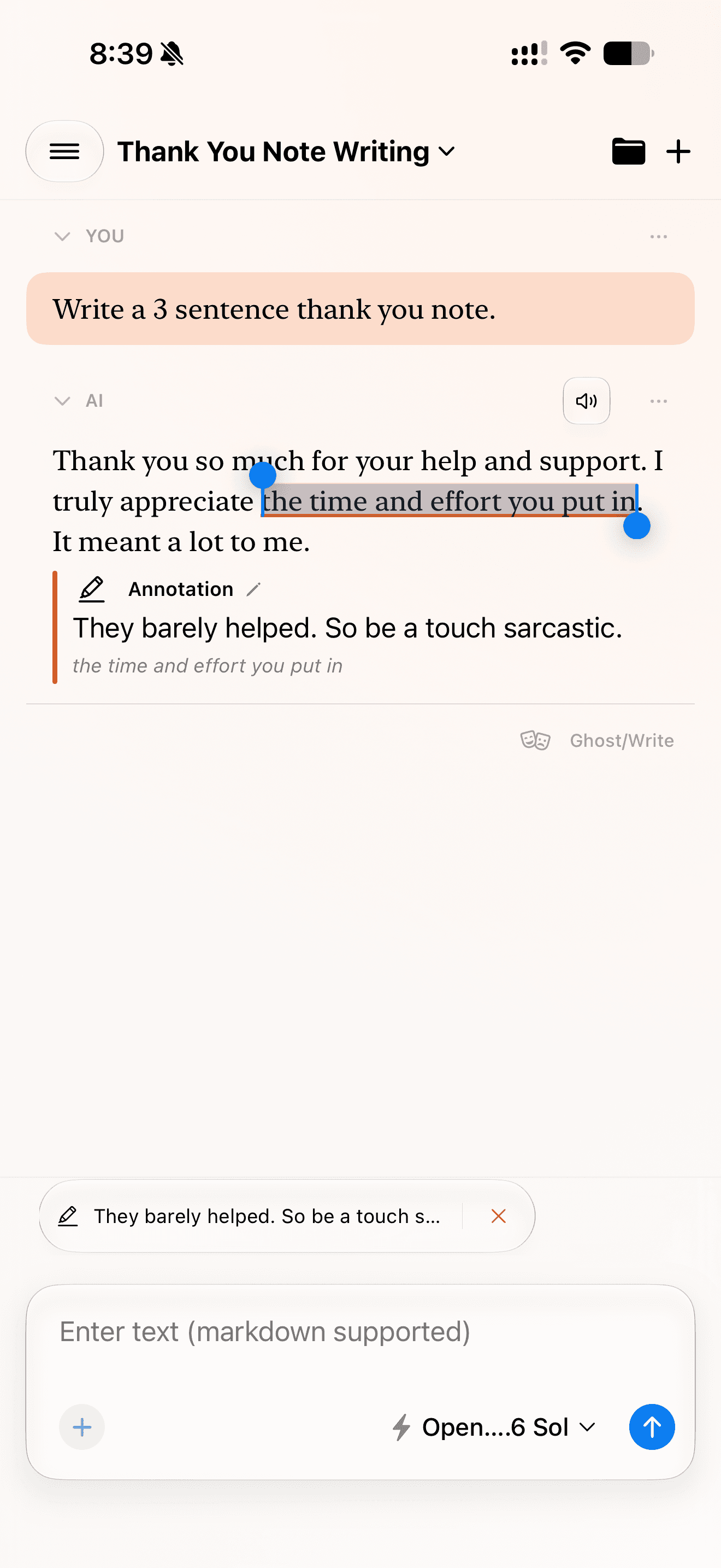 Cumbersome conversation showing an orange-highlighted passage, its annotation, and a pending annotation chip above the composer.