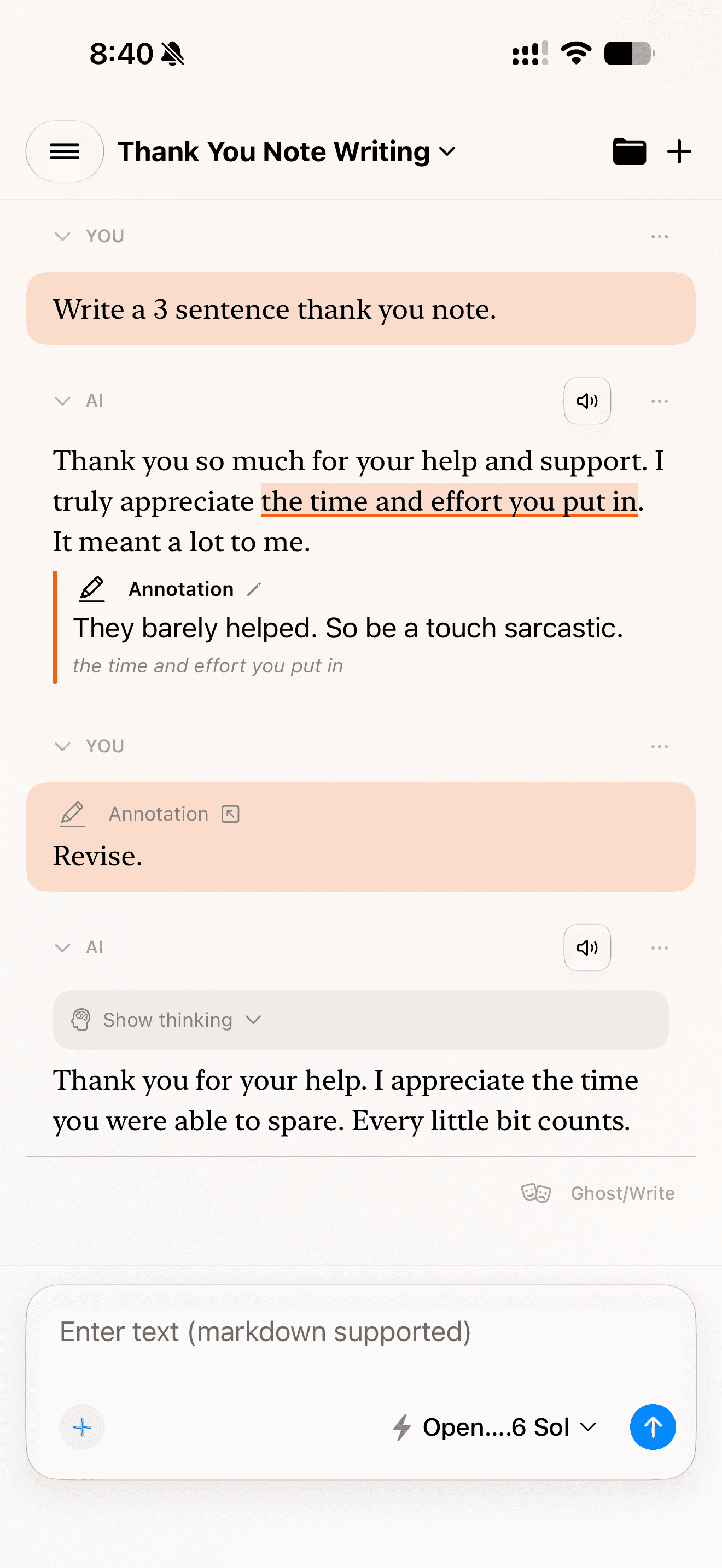 Cumbersome conversation showing the annotation linked to a revision request and the AI's revised response.