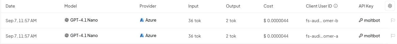 Two OpenRouter pilot requests showing customer A and customer B in the Client User ID column, each costing $0.0000044